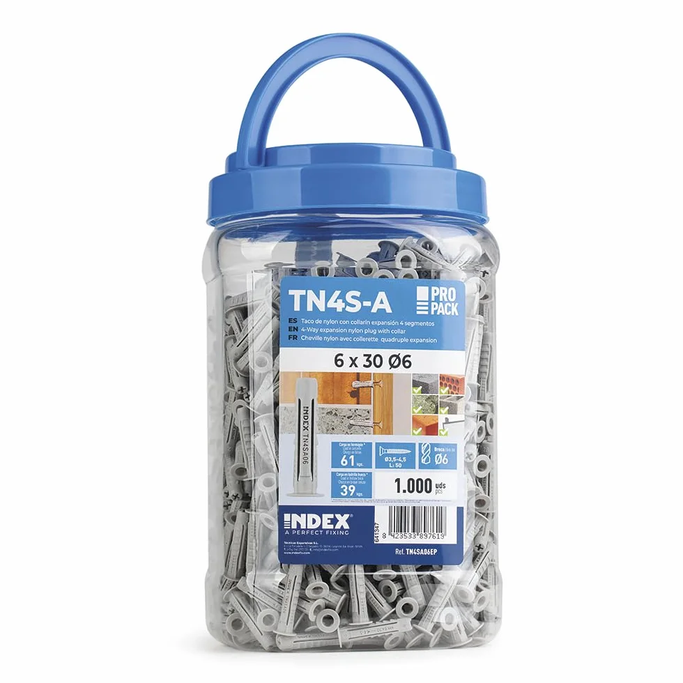 INDEX A PERFECT FIXING - TN4SA06EP [TN4S-A EP] Tassello in nylon a 4 segmenti con ampio collare, per tutti i tipi di materiali, Annodabile, Misura: 6 mm, Confezione da 1000 pezzi