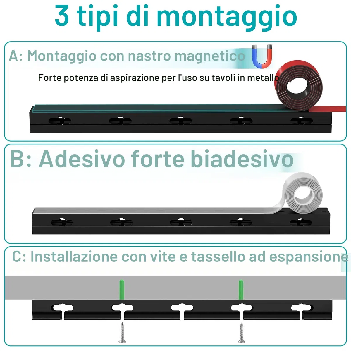 Gestione dei cavi sotto la pista da scrivania, Canalina Passacavi Adesiva Magnetic Nera, 3 Metodi di Montaggio per Nascondere Computer, Scrivania da Gioco, Rete, TV, Cavo di Alimentazione (4PCS)
