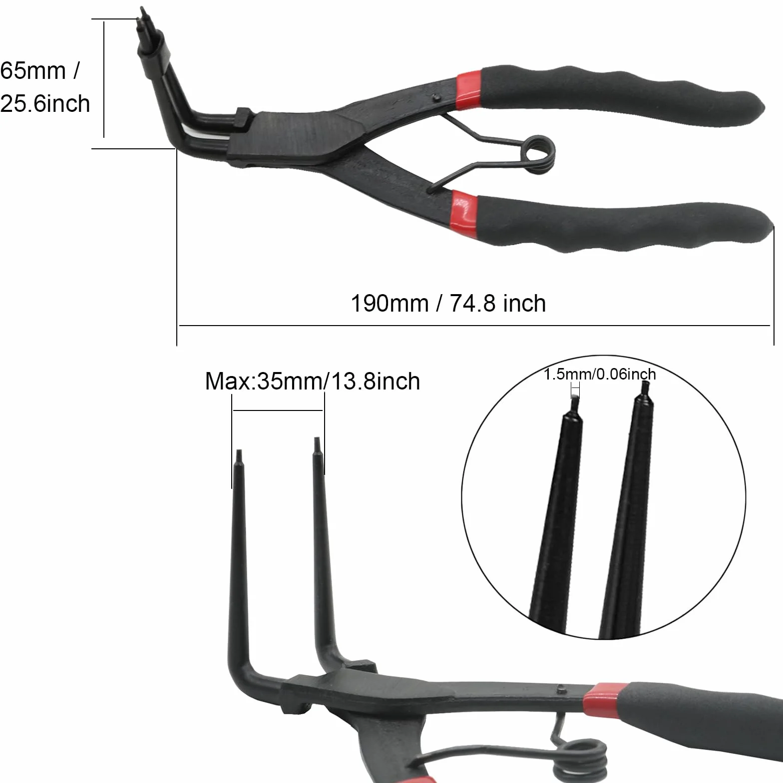Pinze per anelli di sicurezza lunghe da 190 mm curvate a 90 gradi, cilindro interno principale per anelli di sicurezza interni, per camion, moto, auto