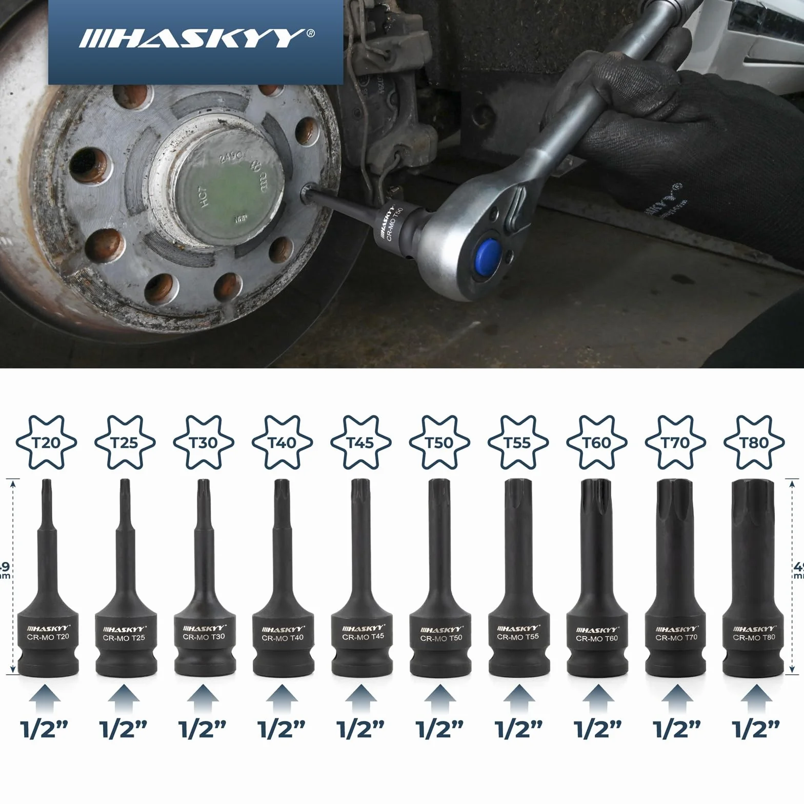 HASKYY Set di chiavi a bussola con punte Torx da 1/2 pollici, set di bit T20-T80, 10 pezzi - Set di chiavi a bussola Torx per auto, manutenzione del motore, manutenzione dei freni e riparazione del