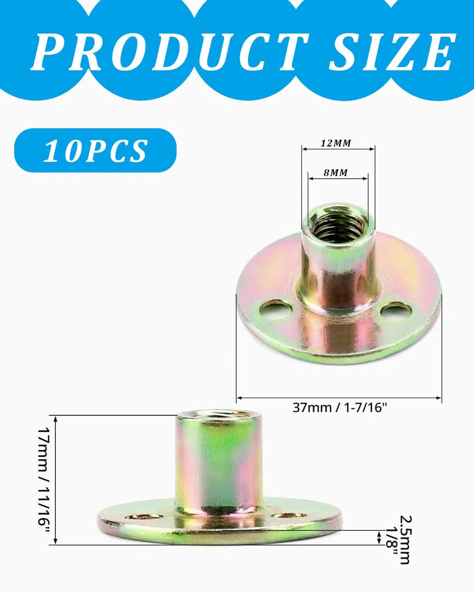 10 Pezzi Dado Flangiato M8, Dado a T con Foro Bavato M10,Dadi a 3 fori, In Ferro Zincato con Base Rotonda per Fissaggio Mobili di Collegamento, per collegamento mobili, M8x36x2.5mm