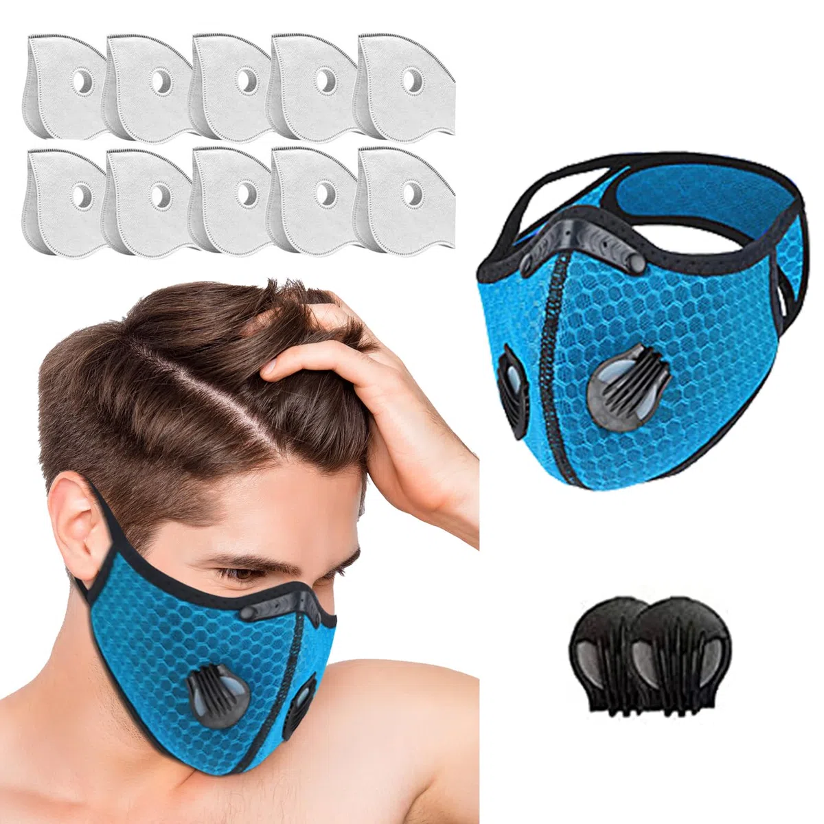 JewelryWe Maschera viso paradenti con valvola filtro traspirante per bocca e naso con valvola di respirazione e nastri flessibili, riutilizzabile, lavabile, maschera antipolvere
