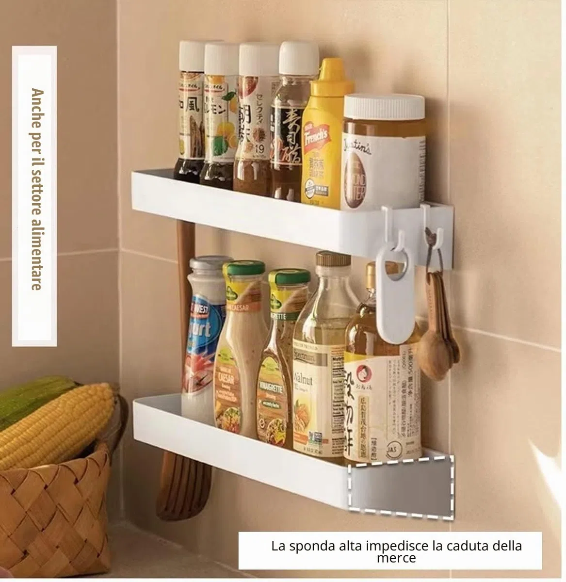 Mensola Doccia Senza Foratura Bianche, Mensole Bagno Adesive, Portaoggetti Doccia con 6 Gancio per Bagno Lavabo Cucina, 2 Pezzi