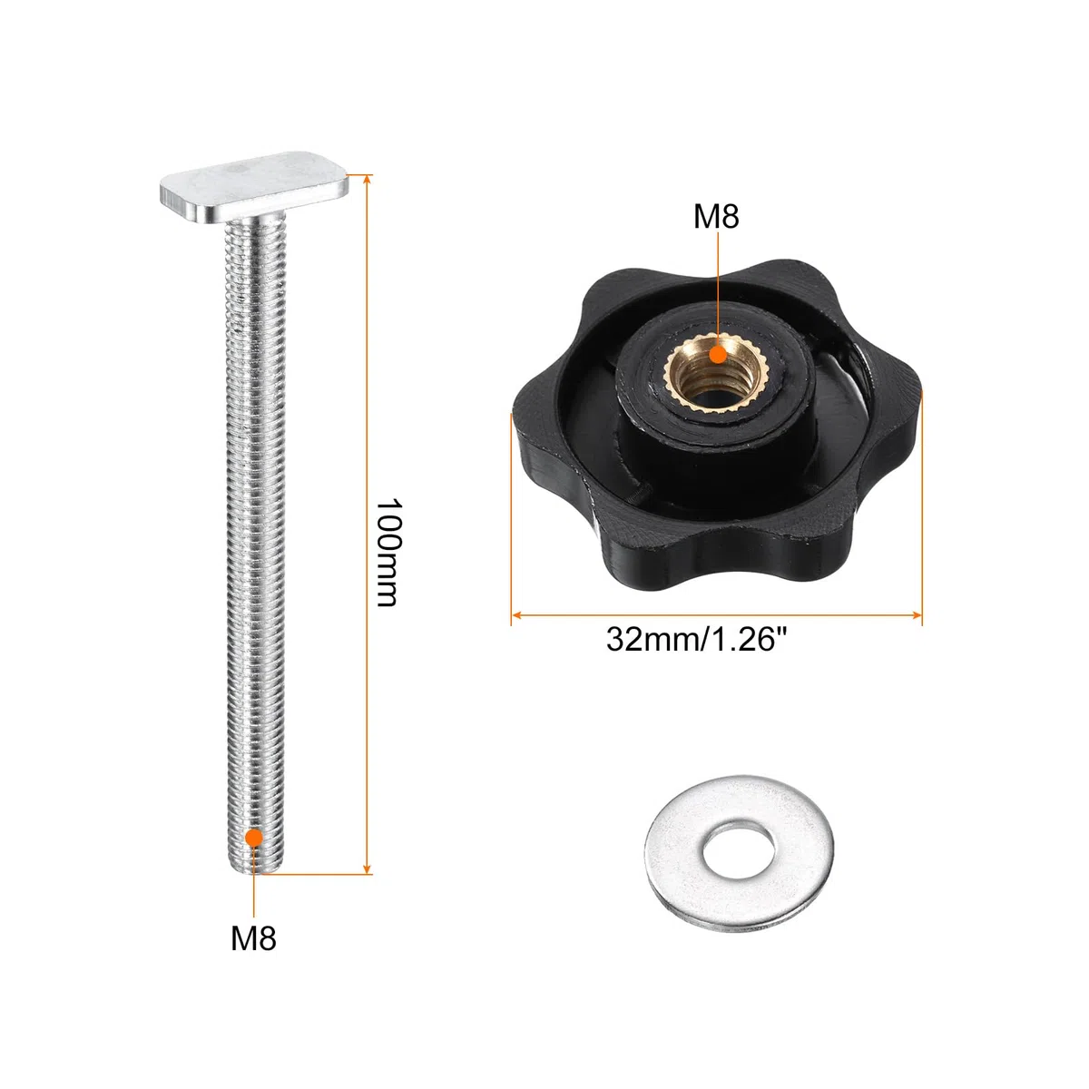 sourcing map Set di 5 bulloni a T, M8 x 100 mm, bulloni filettati M8 x 32 mm, dado esagonale a mano con rondella per maschere e dispositivi per la lavorazione del legno, nero argento