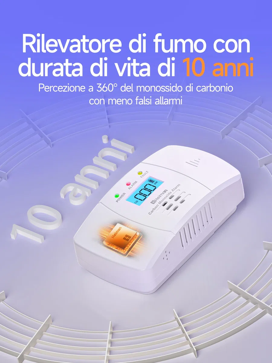 Heiman Rilevatore di Monossido di Carbonio con Display LCD, Sensore Elettrochimico 10 Anni, Allarme 85 dB, Batterie AA Sostituibili 5 Anni, Certificato EN 50291 CE UKCA RoHS – HM-722ESY