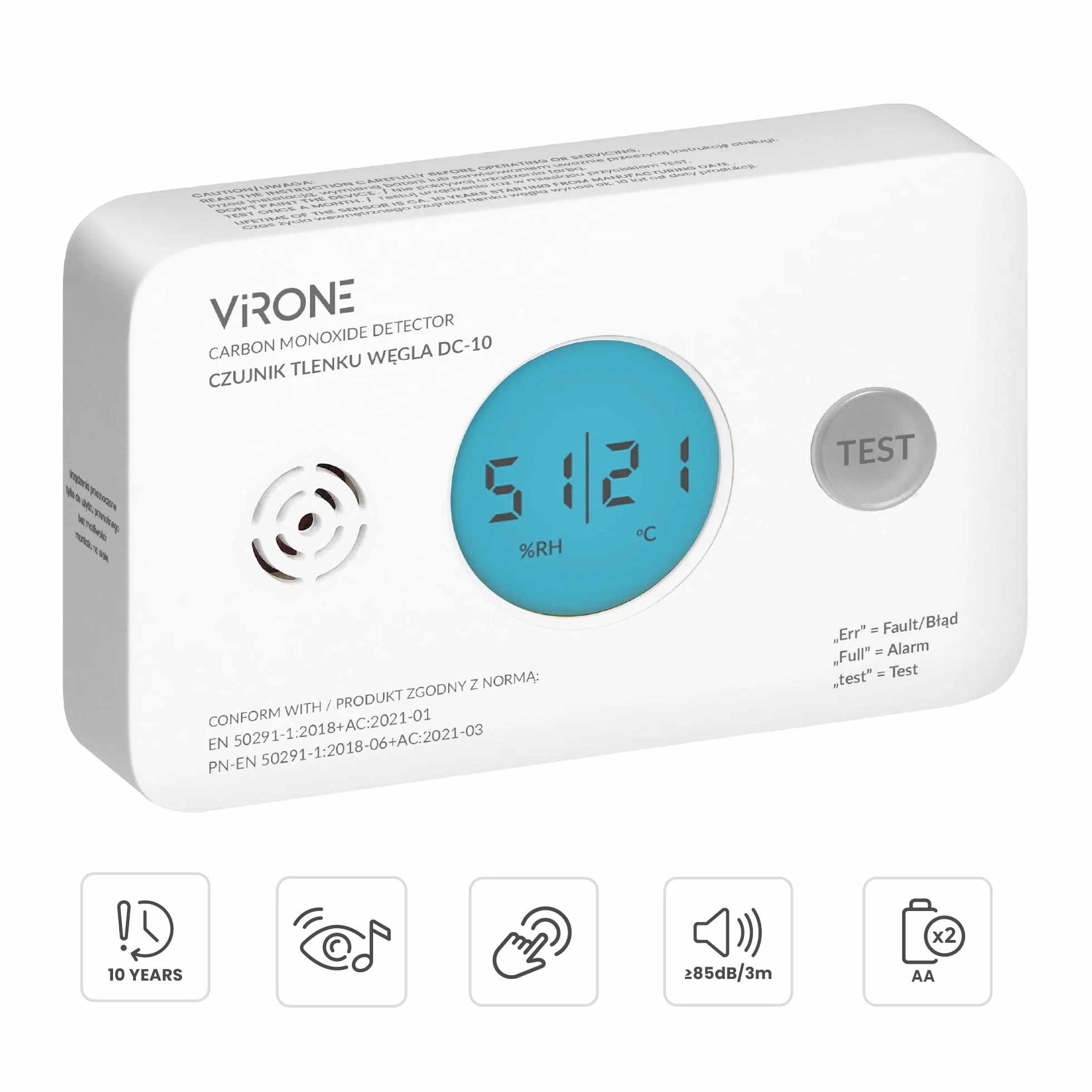 Virone Rilevatore Monossido di Carbonio Display LCD Lettura di Temperatura e Umidità Alimentazione a Batteria Allarme 85dB Durata di 10 Anni Certificazione TÜV IP20