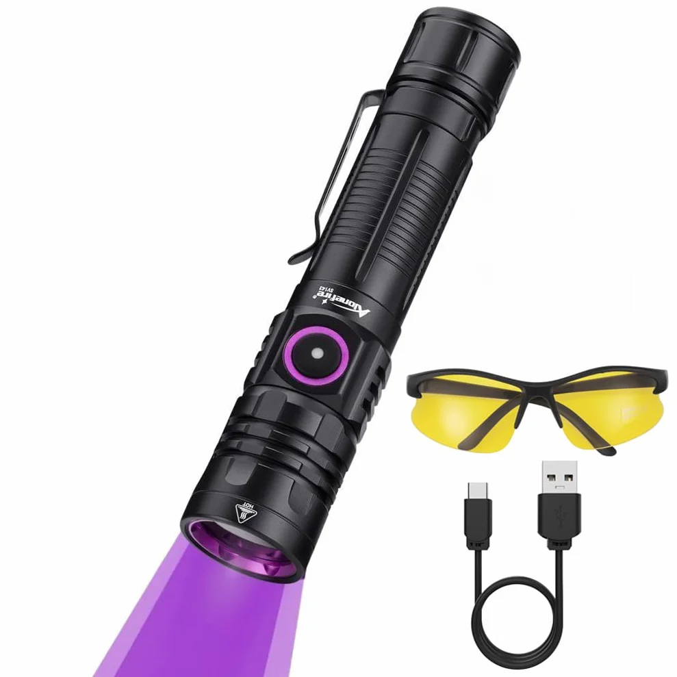 Alonefire SV143 Torcia UV LED Professionale 10W 365nm USB C Ricaricabile Potente Lampada Ultravioletti per Resina, Pesca, Rilevatore di Urina, Minerali con Occhiali Protettivi UV, Batteria