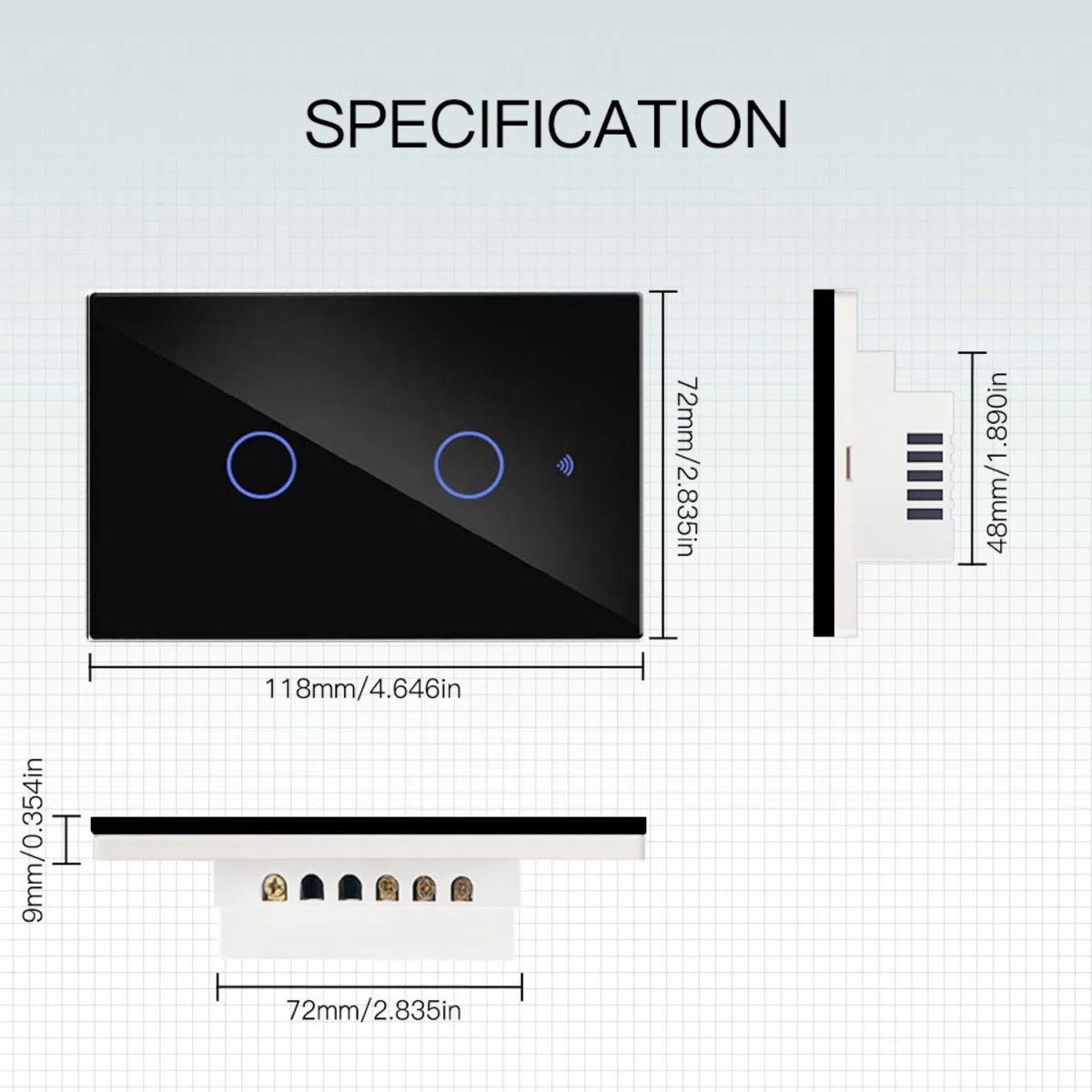 Interruttore Touch da Parete WiFi 2.4G + BLE + RF 433MHz, Vetro Temperato Nero, 2 Tasti, 120X72X38mm Per Scatola 503 Italiano, App TUYA Smart Life