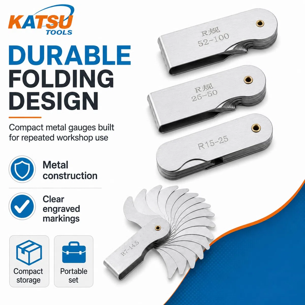 KATSU Set di misuratori di raggio 6 Pezzi R0.3-1.5 / R1-6.5 / R7-14.5 / R15-25 / R25-50 / R52-100 misuratori di filetti di raggio in metallo Strumento di misura portatile concavo convesso