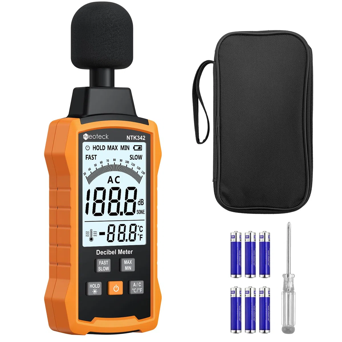 Neoteck Fonometro Digitale Portatile 30–130dB Sonometro Digitale Portatile con Ponderazione A/C, Display LCD Retroilluminato, Funzione Data Hold Misuratore Rumore per Casa, Ufficio, Ambiente di Lavoro