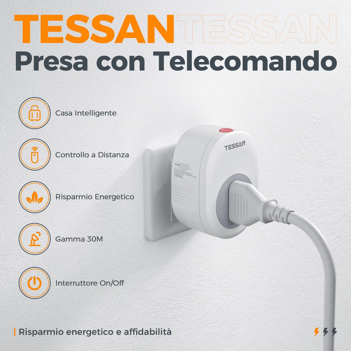 TESSAN Presa con Telecomando, Prese con Interruttore, Portata 30 M, Spina con Telecomando per Luci a Stringa da Interno, Lampade, Presa Wireless Italiana 16A per Elettrodomestici, 3680W