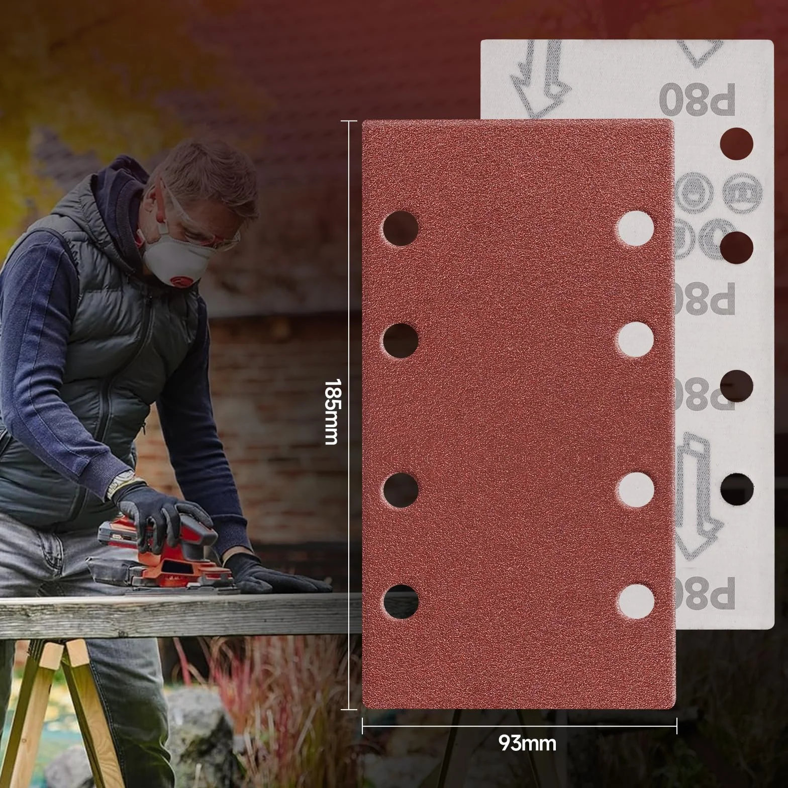 50 Pezzi Carta Abrasiva, 93x185mm Fogli Levigatrice 40 Grana Sandpaper 8 Fori Carta Vetrata Rettangolari per Levigatrice Orbitali Casuali