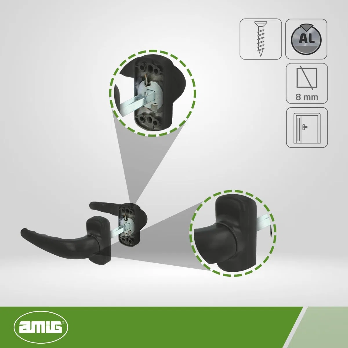 Amig - Set di Maniglia a Rosetta Rinforzata - Modello Sendoa - Realizzata in Alluminio - Misura: 125 X 66 mm - Quadrettino da 8 mm - Nero