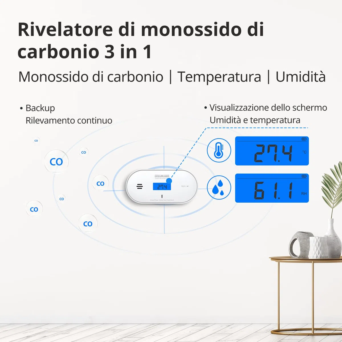 Rilevatore di monossido di carbonio, batteria sigillata da 10 anni, allarme monossido di carbonio, con rilevamento di temperatura e umidità e display LCD, allarme monossido di carbonio per la casa
