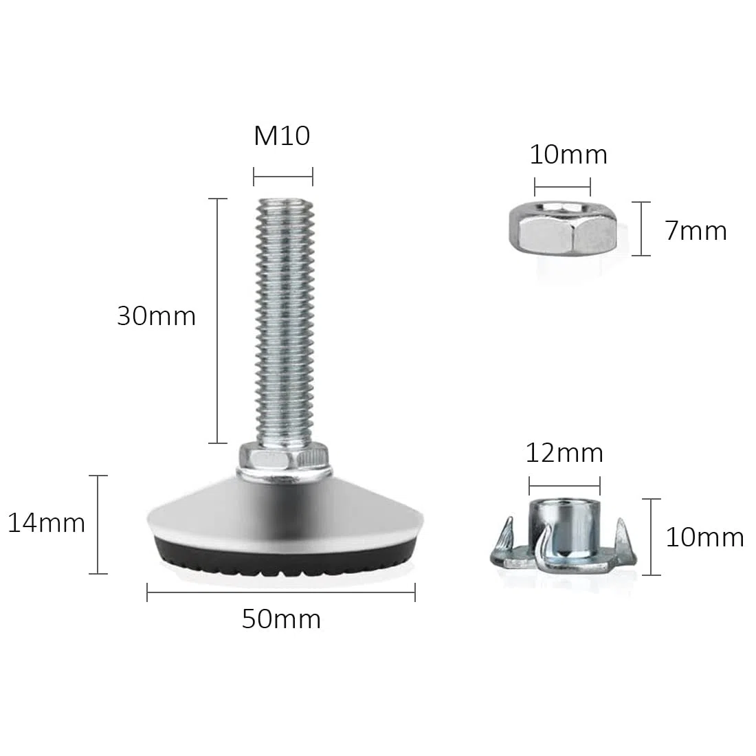 Drenky 12 kit di livellamento per mobili, piedini di livellamento per mobili pesanti in filo metallico esterno con dadi a T e dadi, base in gomma antiscivolo silenziosa (M10x30x50mm)