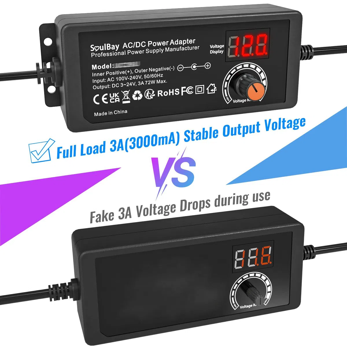 SoulBay Alimentatore Universale, 3-24V 72W Caricabatterie Universale AC/DC con 14 punte CC cavo di Inversione Polarity Converter per Elettronica Domestica CCTV Striscia LED - 3000mA max.