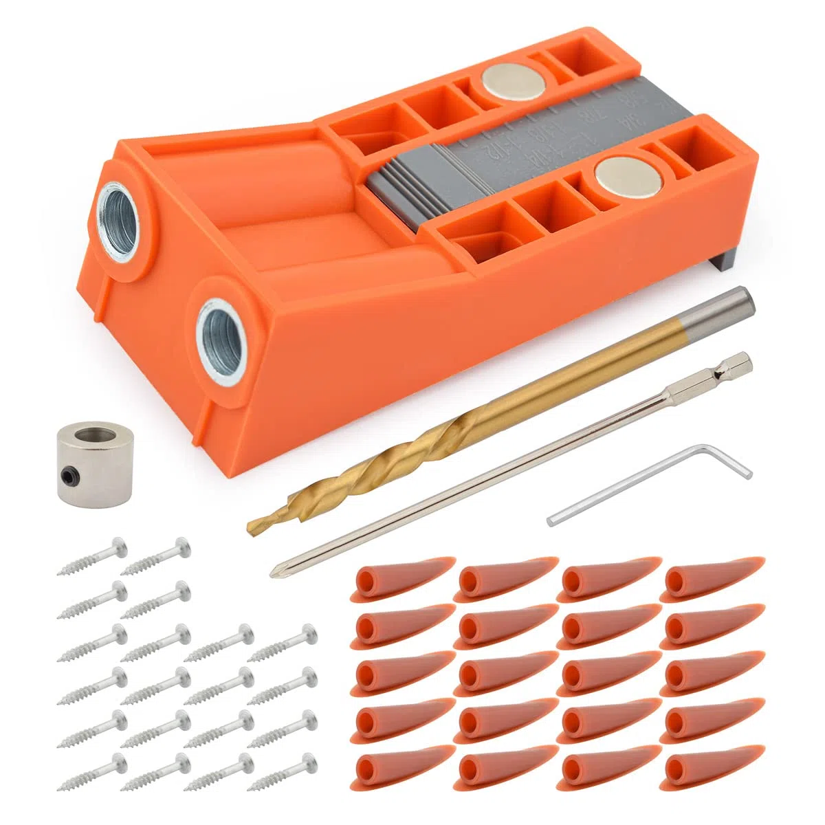 Gunpla 45 Pezzi Kit di Dima per Fori a Tasca per Legno, Guida di Foratura per Angolo di 15 °, Posizionatore Carpentieri Localizzatore di Fori Obliqui per Lavorazione del Legno, Pocket Hole Jig Kit