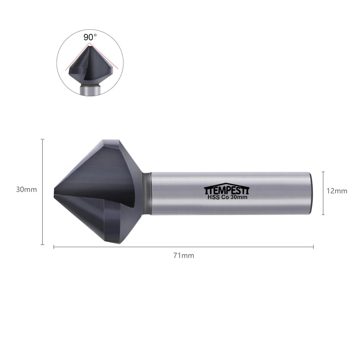 Fresa conica 90 gradi HSS M35, 30 mm, taglio smussato a 3 scanalature, rivestimento TiAlN, robusto e resistente al calore, per acciai inossidabili, codolo 12 mm