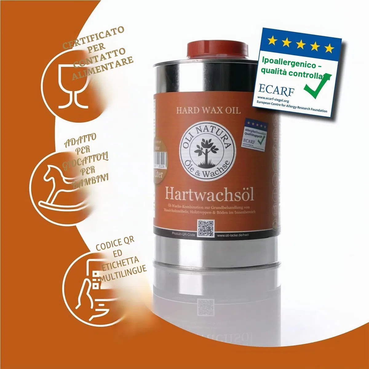 Olio di cera dura OLI-NATURA testato, anallergico, certificato per alimenti, 1 l, incolore – naturale