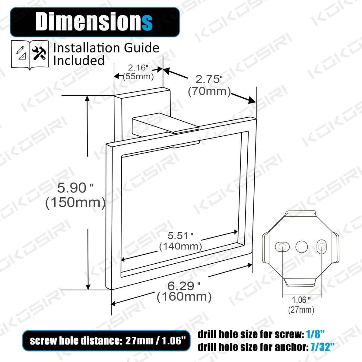 KOKOSIRI Portasciugamani da bagno ad anello per asciugamano da bagno, da parete, in acciaio inox, stile moderno, cromato lucido, B3004CH
