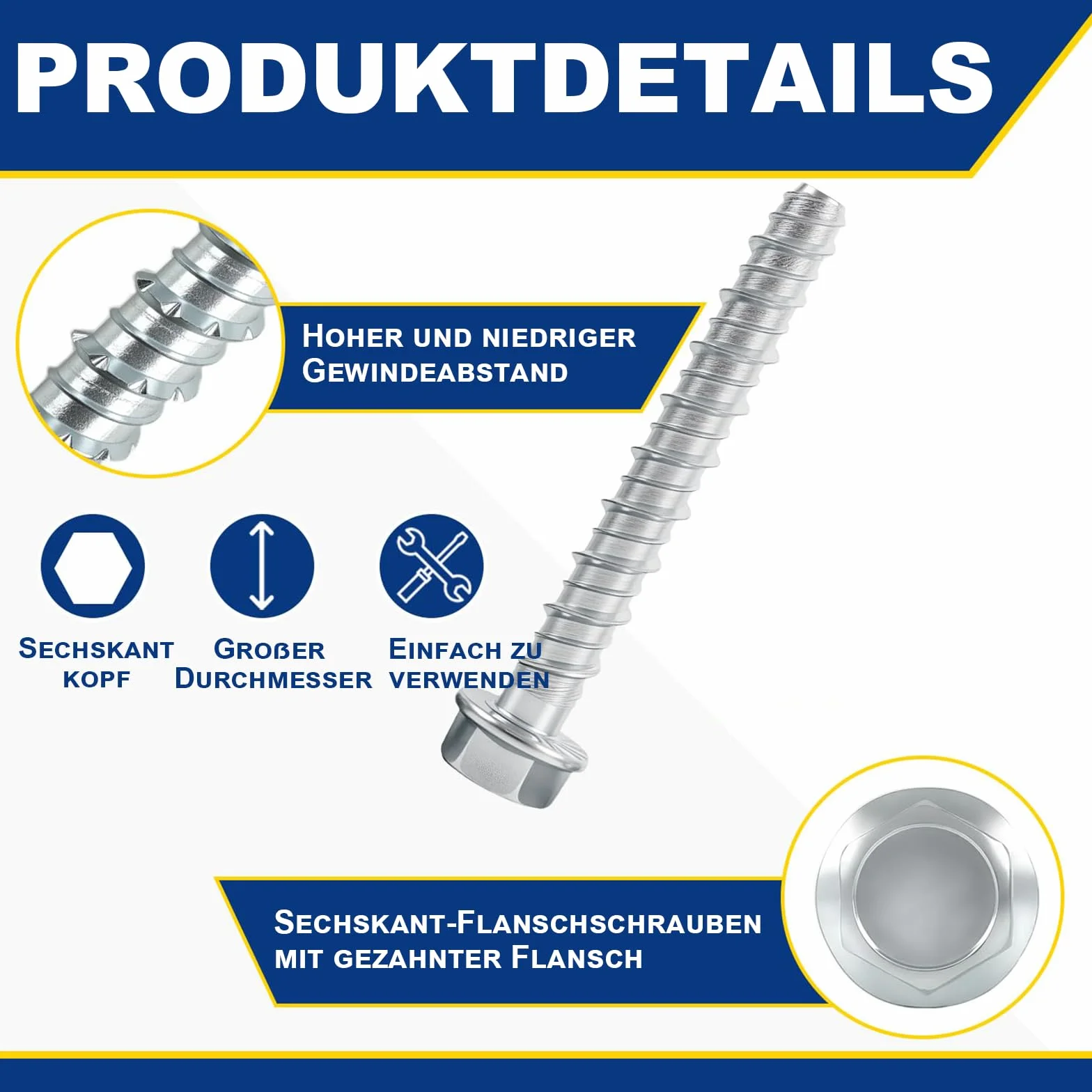 ORTAVA Viti per calcestruzzo testa esagonale M10 x 80, 20 pezzi viti per calcestruzzo zincate con disco per muratura, cemento, architettura, industria.