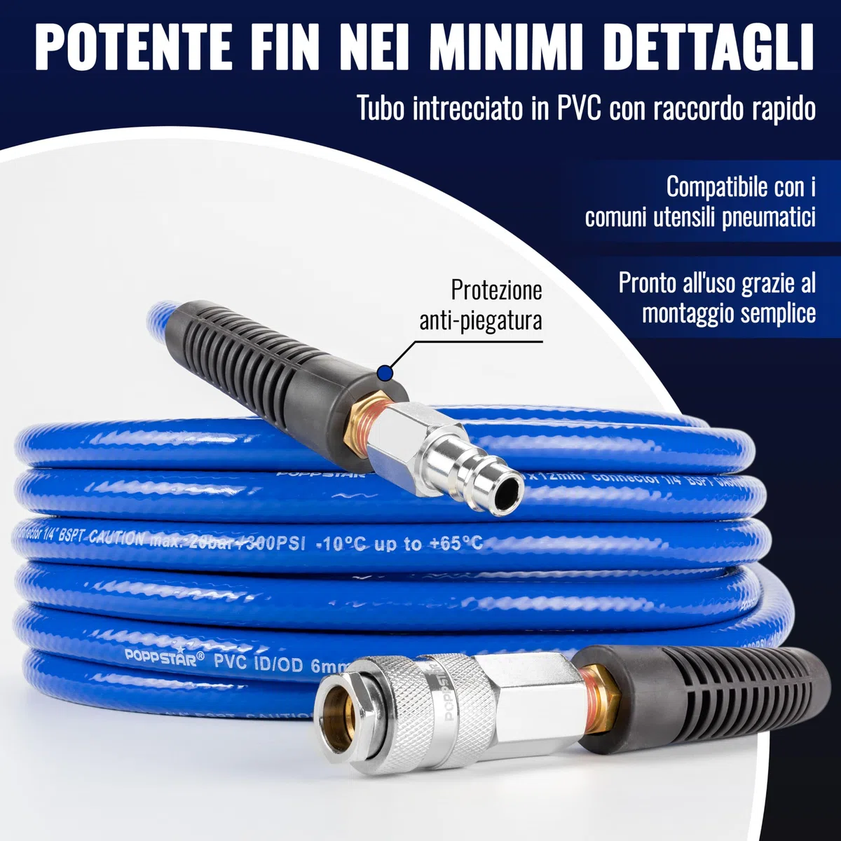 Poppstar Tubo per aria compressa in PVC 6/12 mm, lunghezza 20 m, attacco rapido & innesto maschio, 20 bar, blu