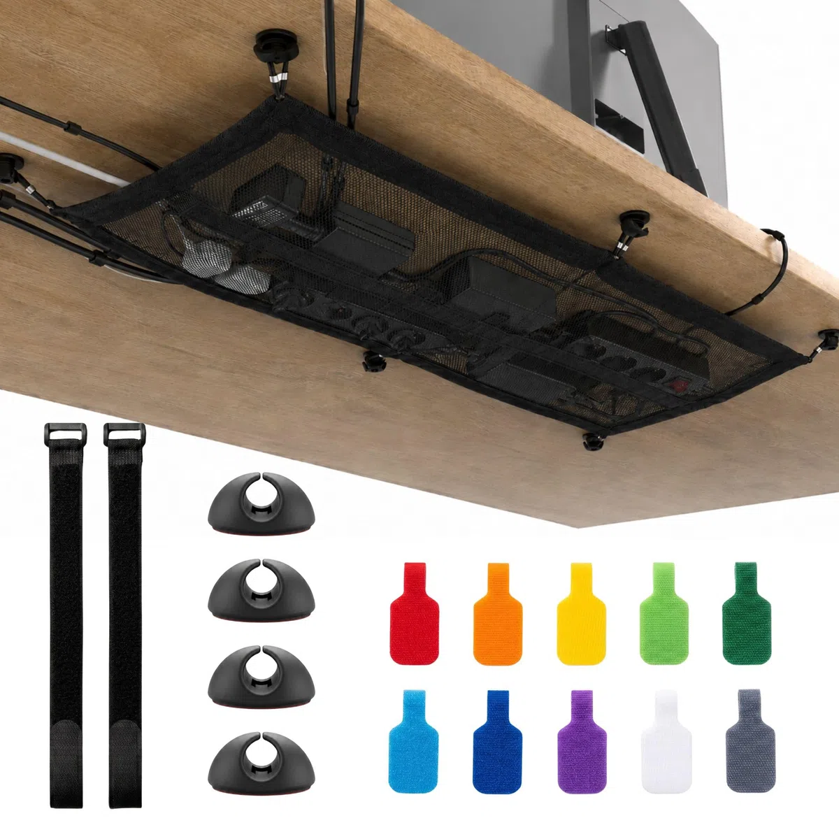 Organizer Cavi Scrivania 66x30cm – Raccogli Cavi Sotto Scrivania, 5 Strap Integrati, Fissaggio con Viti o 3M VHB Senza Forare, Cable Management Scrivania