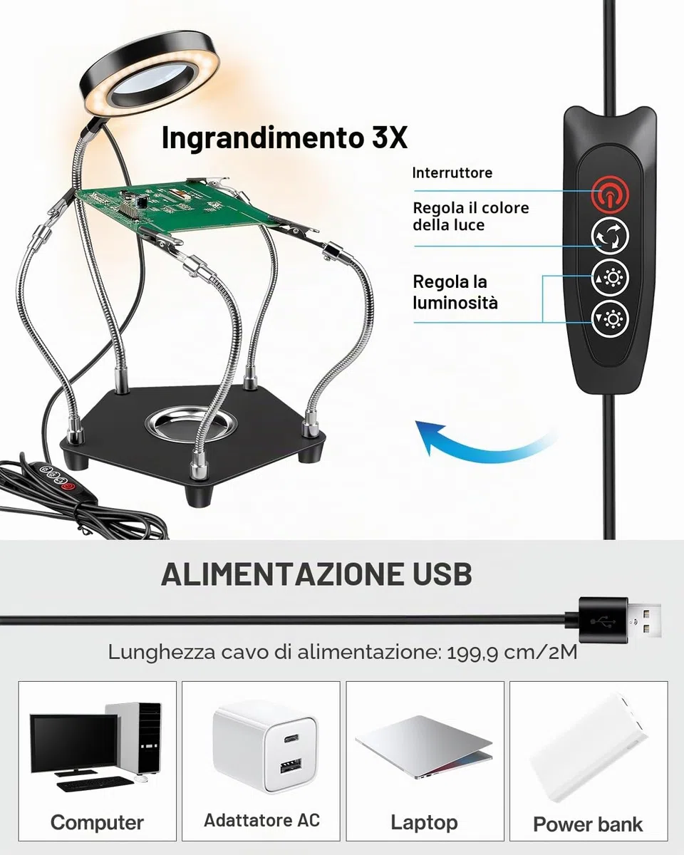 Lytool Terza Mano Saldatura,Stazione Saldatura per Mani d'Aiuto,con Lente d'Ingrandimento 3X LED Dimmerabile,Saldatura Flessibile per Mani d'Aiuto con 4 Bracci di Supporto per Riparazioni di Saldatura