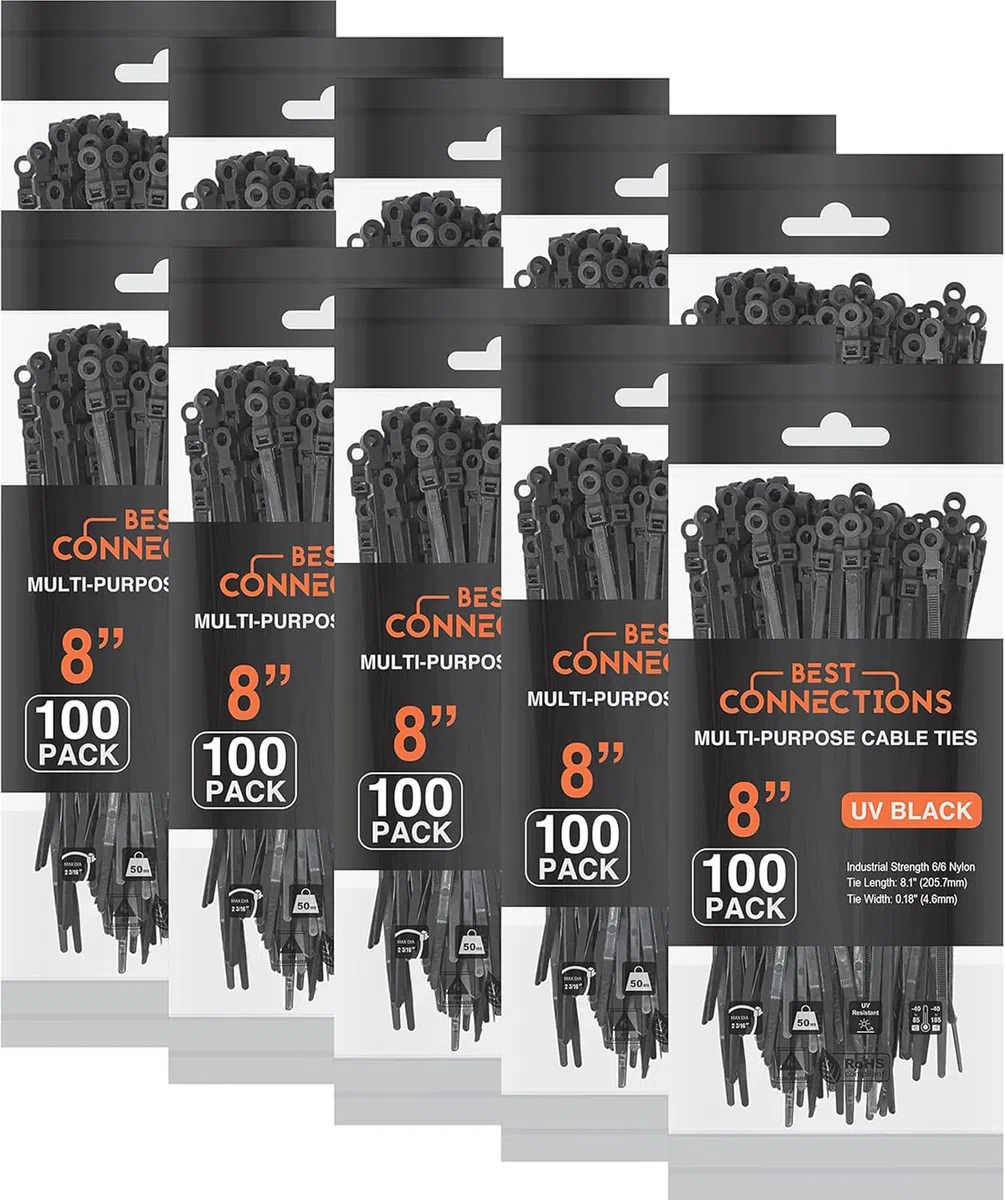 1000 fascette da 20,3 cm, in nylon, con foro di montaggio, test 22,7 kg, colore: nero