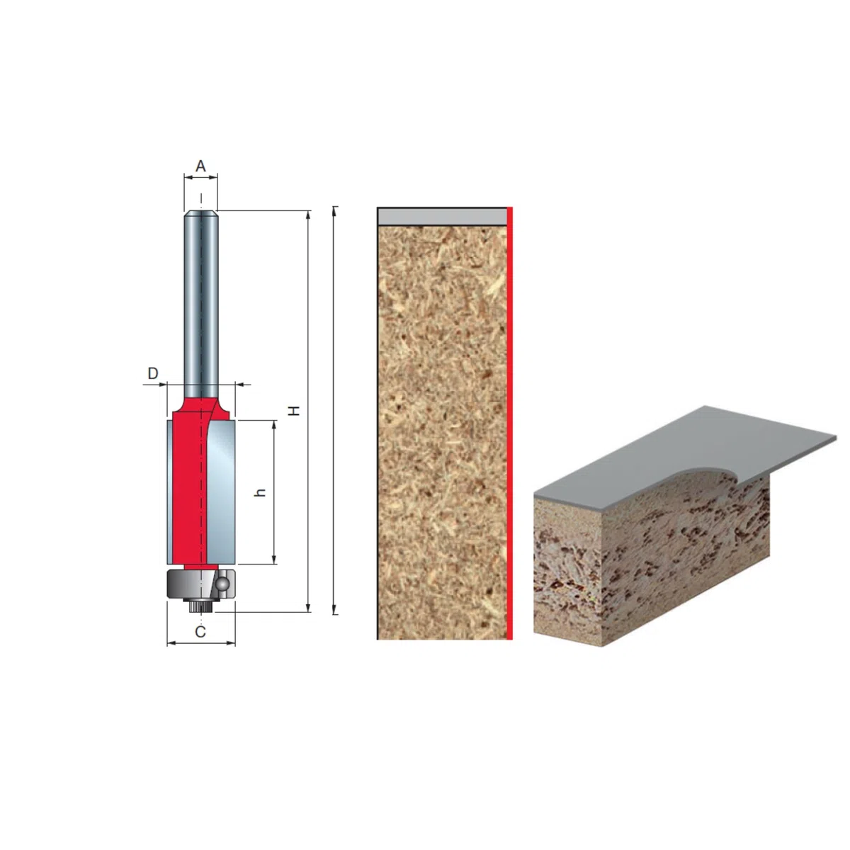 Freud Fresa per rifilare a 2 taglienti diritti in metallo duro HW con cuscinetto lato punta. Codolo gambo A=8 mm, diametro di taglio D=9,53 mm, altezza di taglio h=25,8 mm, 42-10008P - F03FR01933