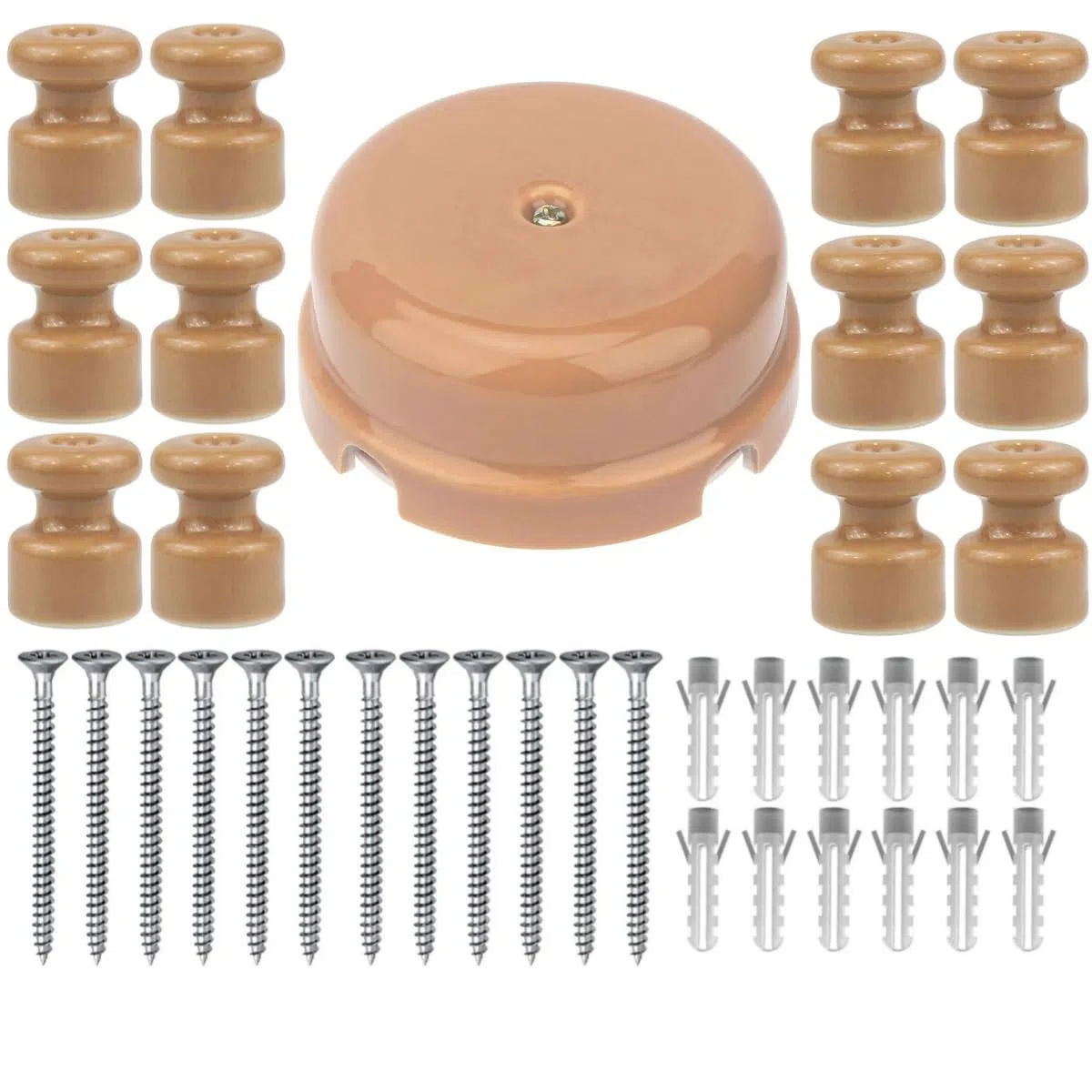 Kit [Scatola di distribuzione in porcellana] + [12 isolatori Porcellana] per Impianti a 4 fori per entrata/uscita del cavo. Copri cavi e copri fili in ceramica, Bronzo lucido, Ø 78mm Prof.35mm