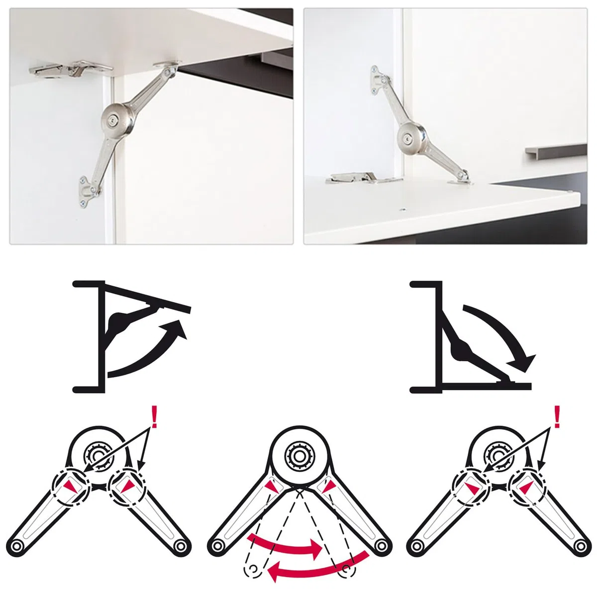 Duo Standard Versione Leggera Sistema di Supporto per Porta a Ribalta Staffe per Cerniere per Ante di Armadi in Legno Telai in Alluminio Fissaggio Armadio Cucina Ammortizzatore Argento 2 set