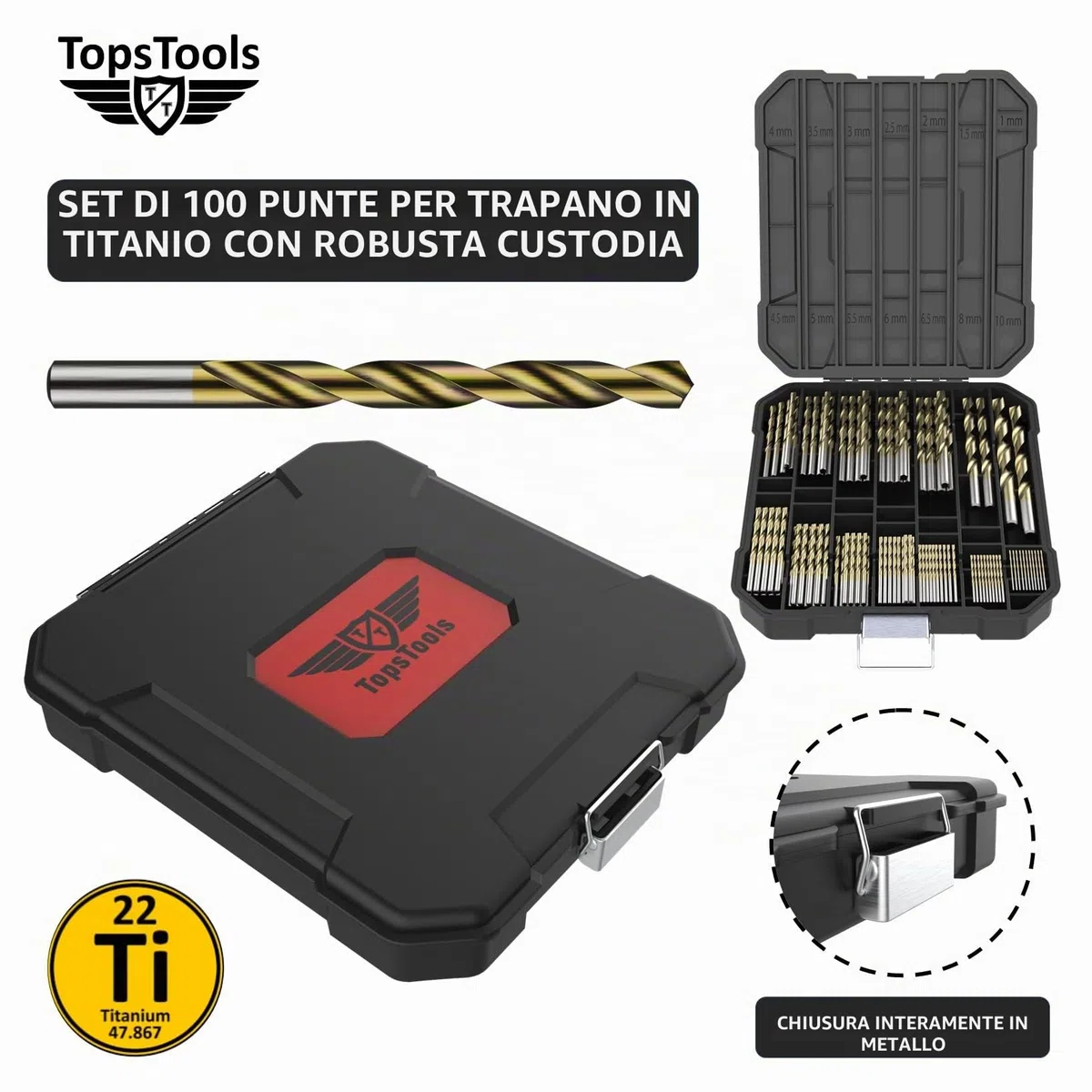 100 punte elicoidali TopsTools TT100TW 1 mm - 10 mm, dimensioni miste, rivestite in titanio HSS, scatola di immagazzinaggio per legno, plastica, rame, ottone, compatibile con Bosch e molti altri