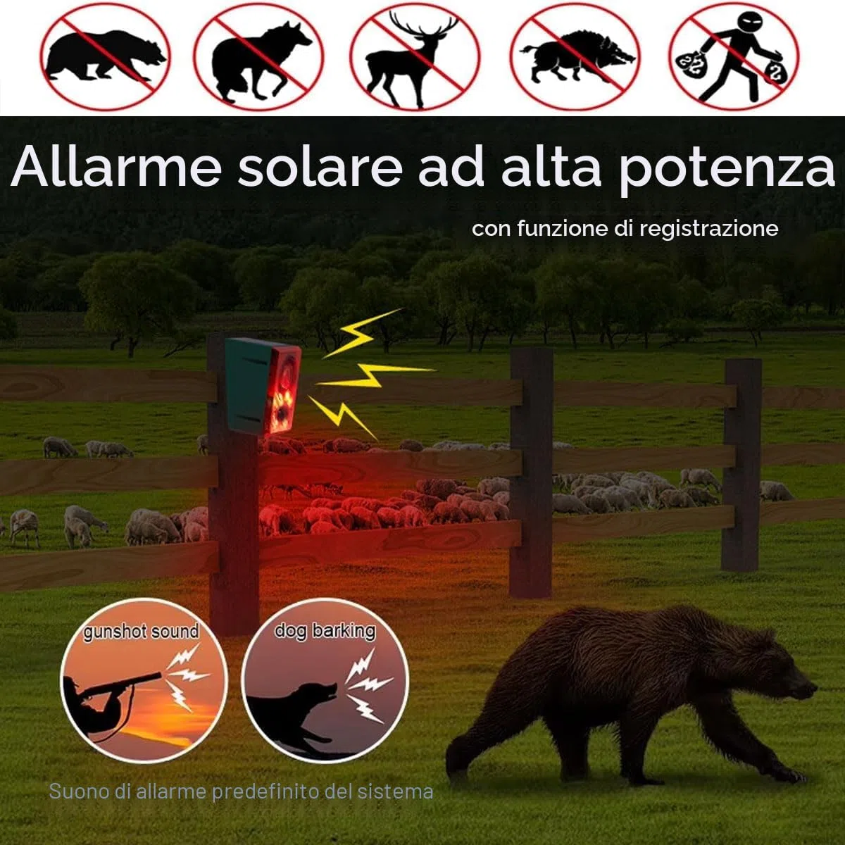 Allarme sensore di movimento solare da esterno - Cane che abbaia e sparo, generatore di rumore forte da 130 dB, 3 modalità di lavoro con luce stroboscopica USB, dì addio agli intrusi