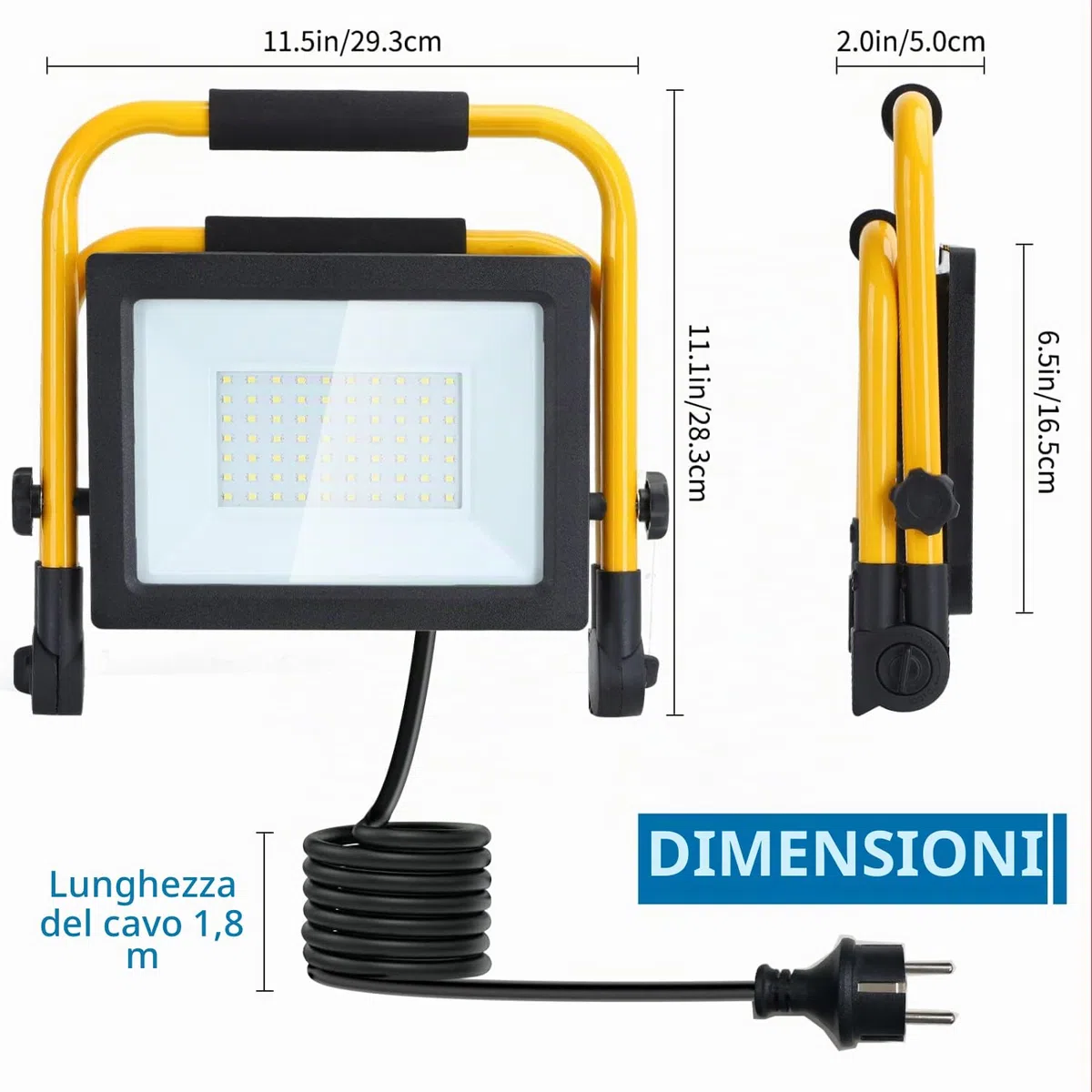 Aigostar - Faretto LED da Cantiere 50W,Super luminoso Faro LED con Spina,con staffa pieghevole, rotazione 360，portatile，Ideale per cantiere edile， officina， Garage