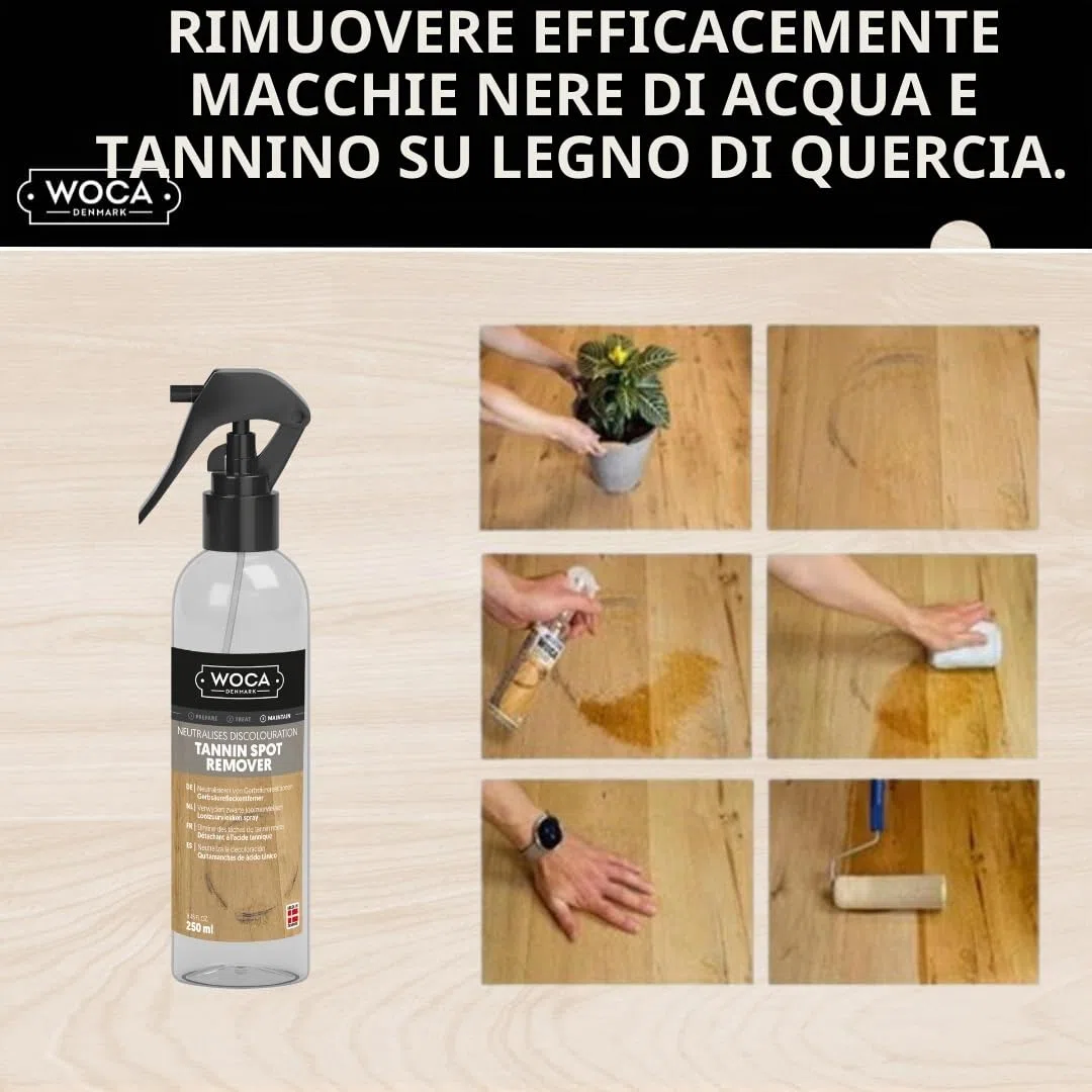 WOCA Denmark macchie di acido tannico Spray 250 ml per la rimozione di macchie d'acqua nere su pavimenti in legno di quercia