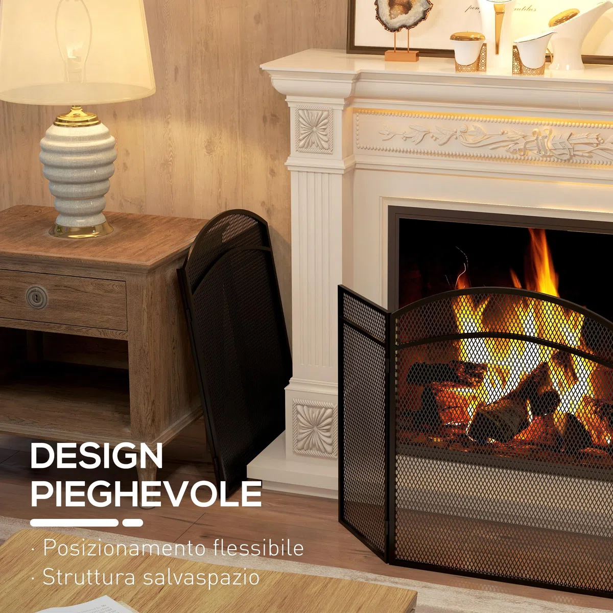 HOMCOM Schermo Parascintille per Camino Pieghevole a 3 Pannelli, Griglia per Caminetto in Metallo con Design Classico, 96x60cm, Nero