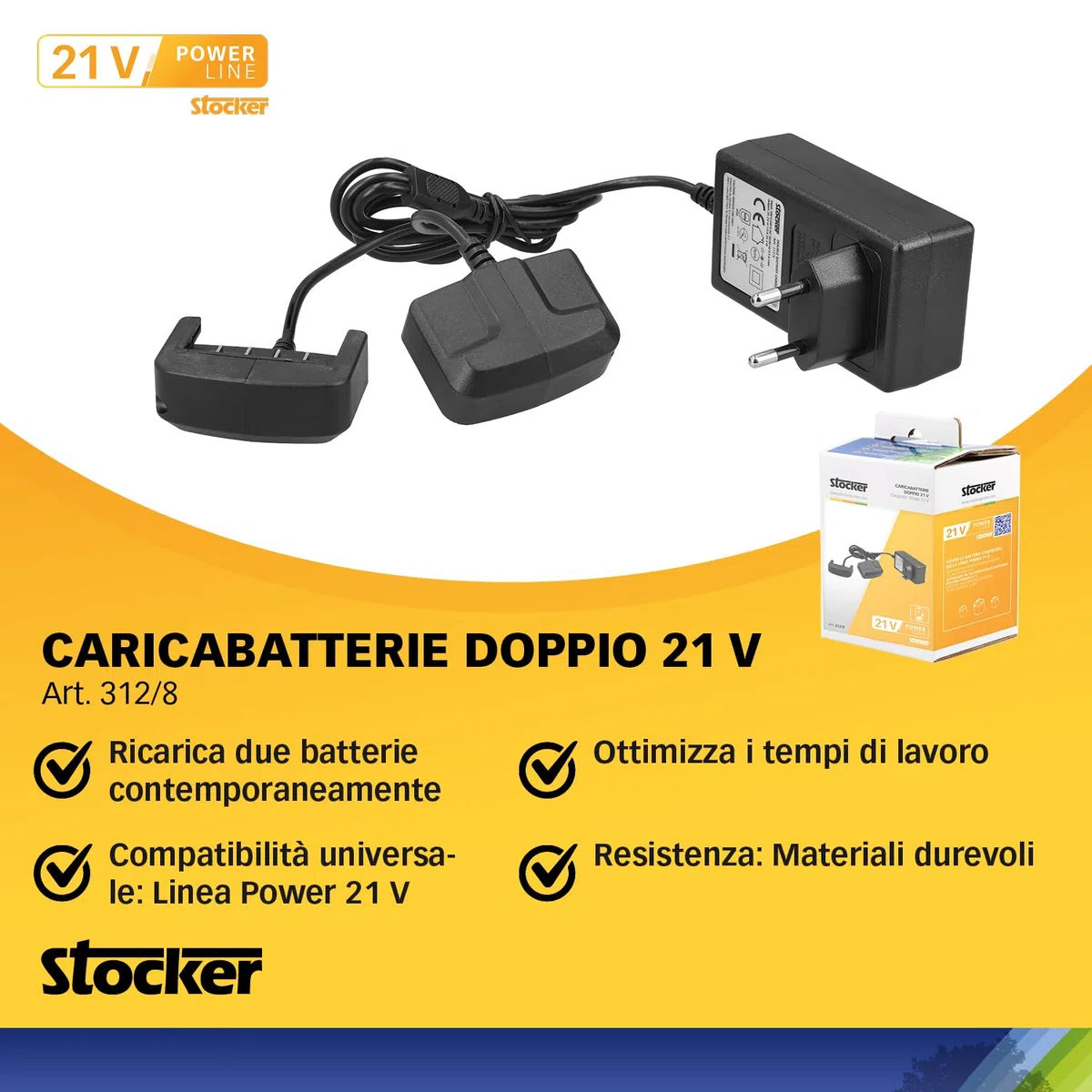STOCKER - Caricabatterie Doppio 21 V Power Line - Ricarica Rapida per 2 Batterie - Compatibile con Tutti gli Attrezzi POWER 21 V - Durevole e Affidabile - Art. 312/8