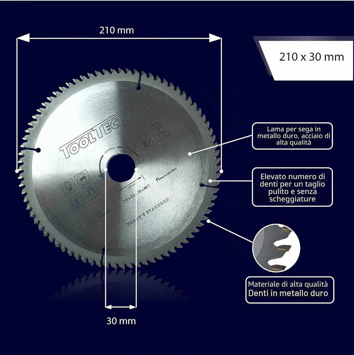 Lama circolare professionale 210x30 mm lama con 80 denti HM lama circolare legno 3 x anelli di riduzione per 16 mm, 20 mm, 24,5 mm (1, lama circolare)
