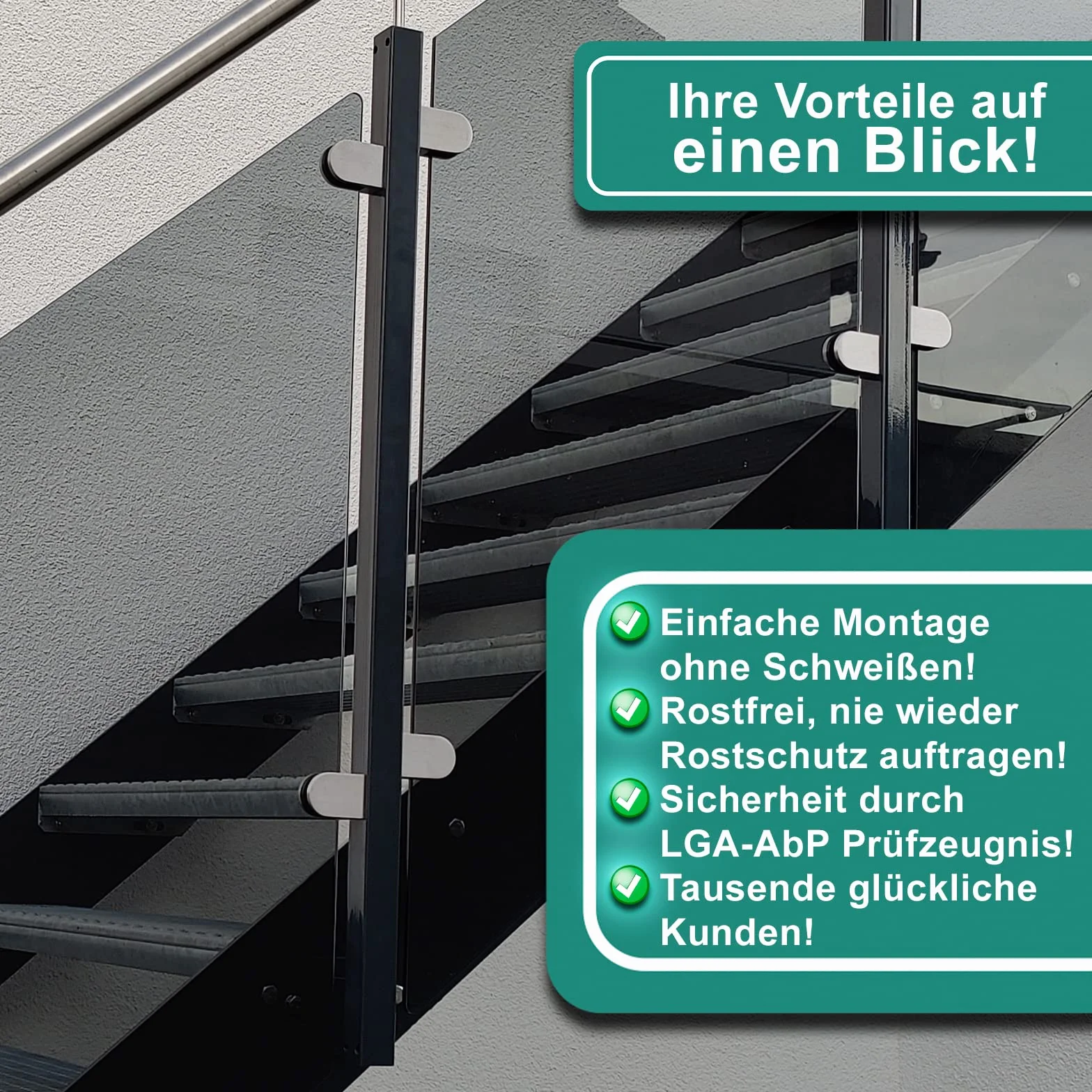 PRIOstahl Set di 4 morsetti in vetro, 50 x 40 x 26 mm, attacco piatto per vetro da 6 mm, supporto per piastra in vetro per ringhiere, ringhiere per scale balcone in acciaio inox V2A