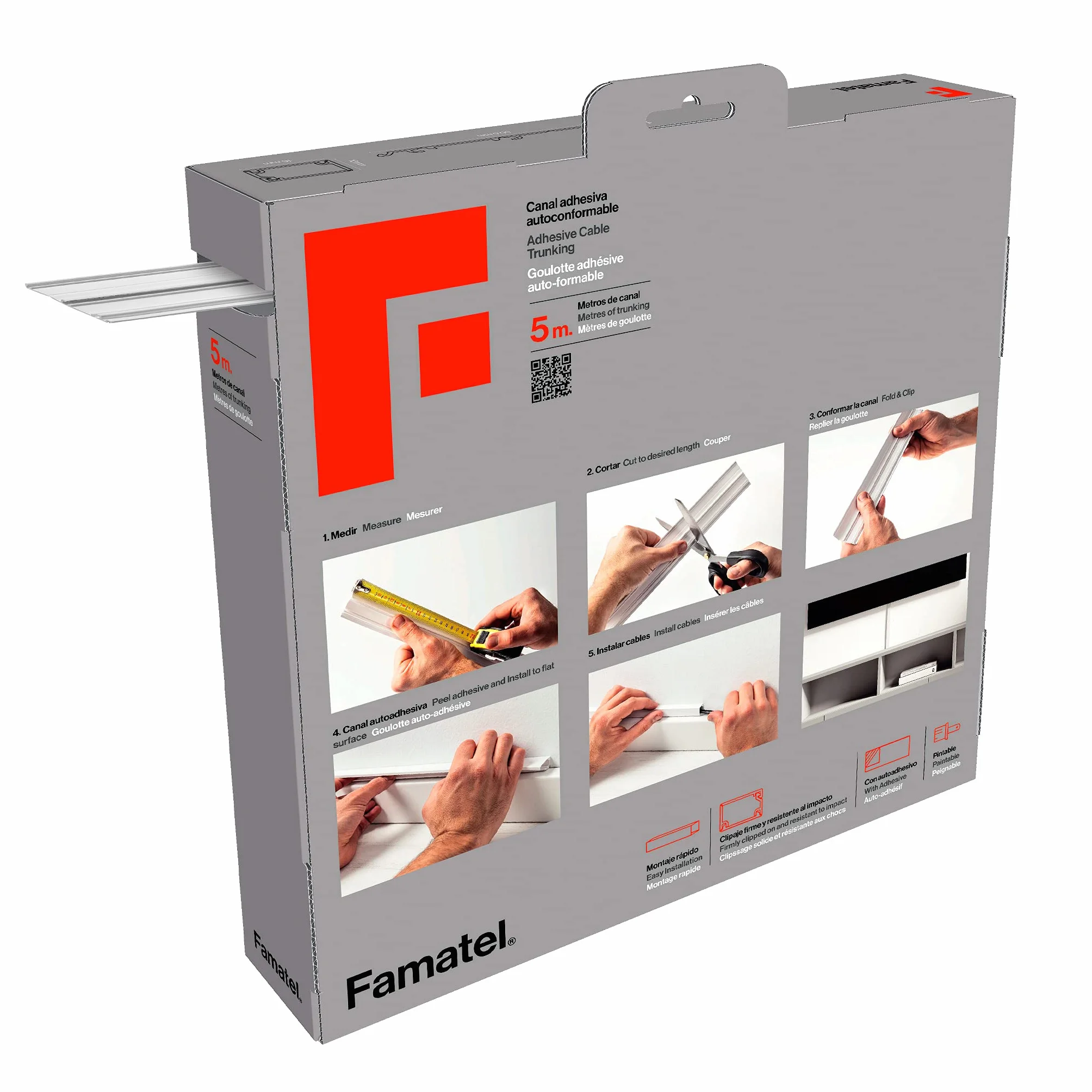 FAMATEL - Canalina adesiva | 5 metri | 10 x 16 mm | NUOVO - Formato arrotolabile | Rettangolare | Facile montaggio con autoadesivo | Canalina per cavi | Bianco