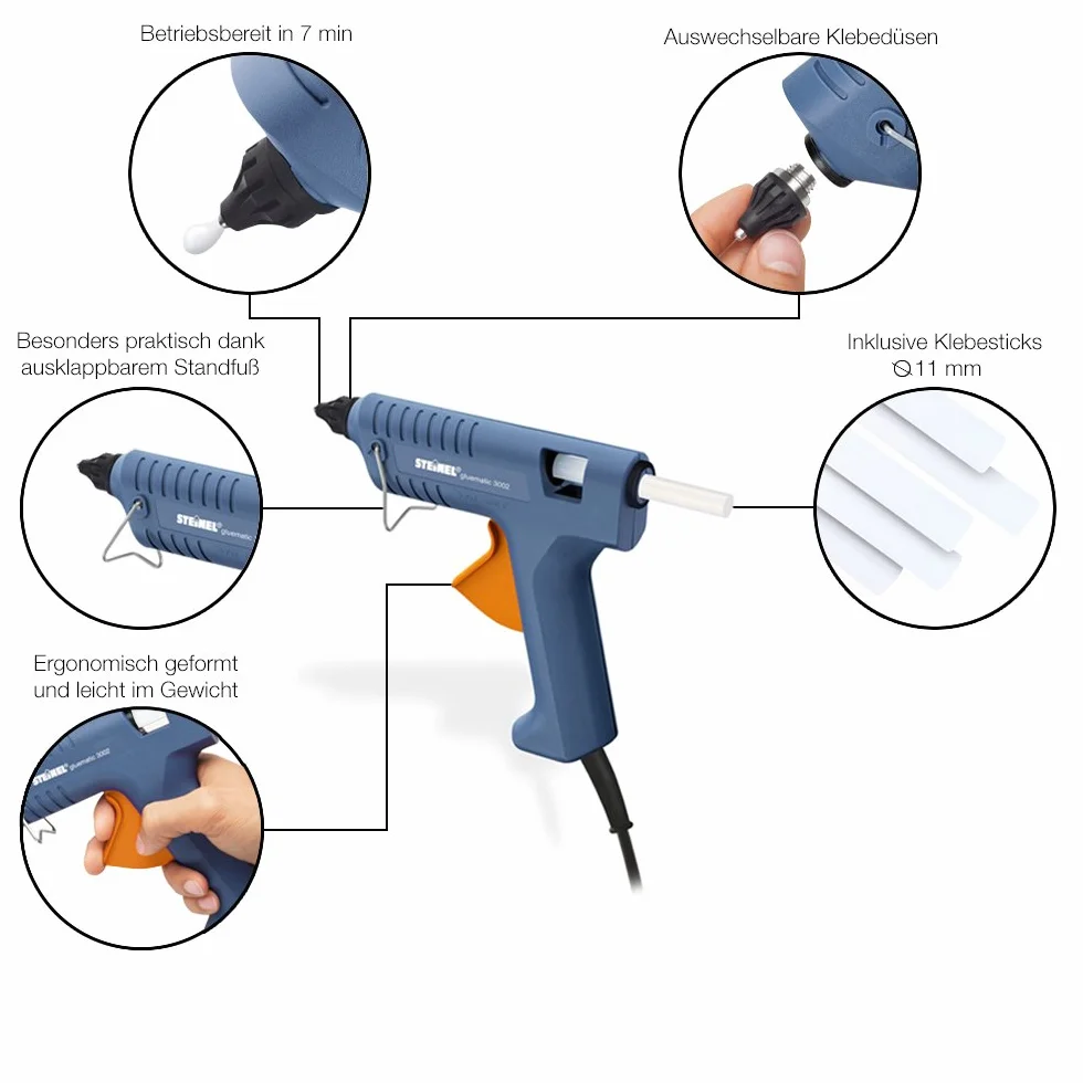 Steinel Pistola per colla a caldo Gluematic 3002 - Glue gun con capacità 16 g/min, inclusi 3 stick di colla da 11 mm, con cavo - Per bricolage e riparazione