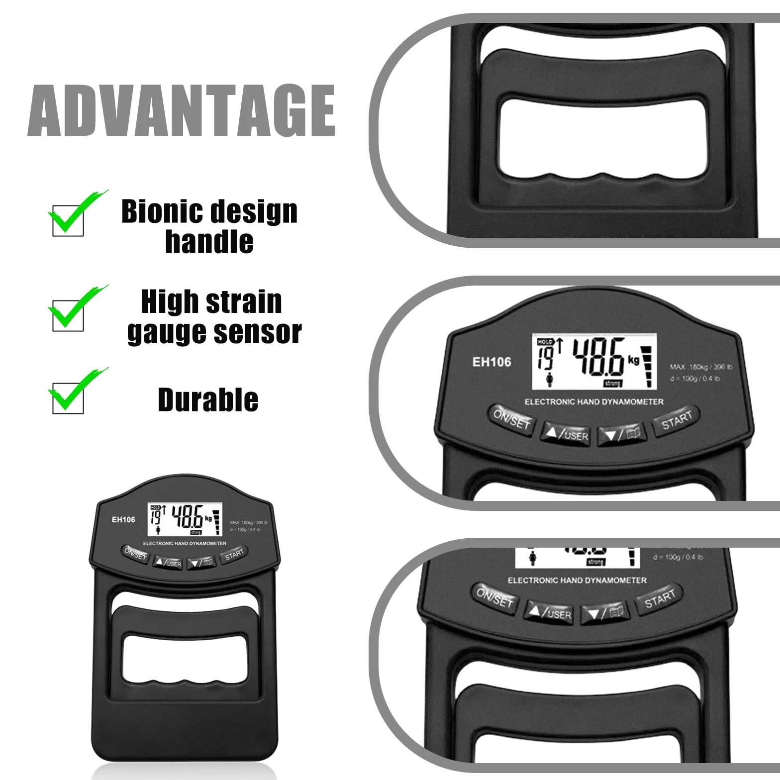 Manometro digitale, 396lb/180 kg, nero, dinamometro Grip Strength Trainer con cavo di ricarica USB, Grip Strength Trainer elettronico, misura grande schermo LED