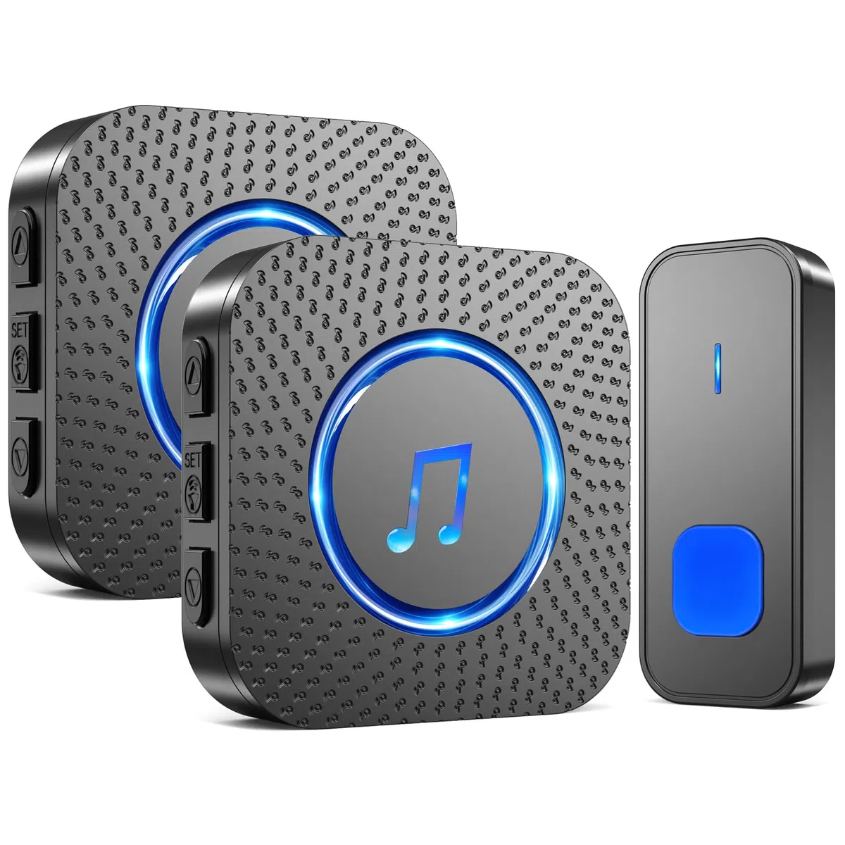 SURFOU Campanello Senza Fili da Esterno Interno, Campanello Casa Wireless Pulsante a Lunga Distanza di 400m, 55 Suonerie, 5 Volumi Selezionabili (2 nero ricevitore + 1 nero trasmettitore)