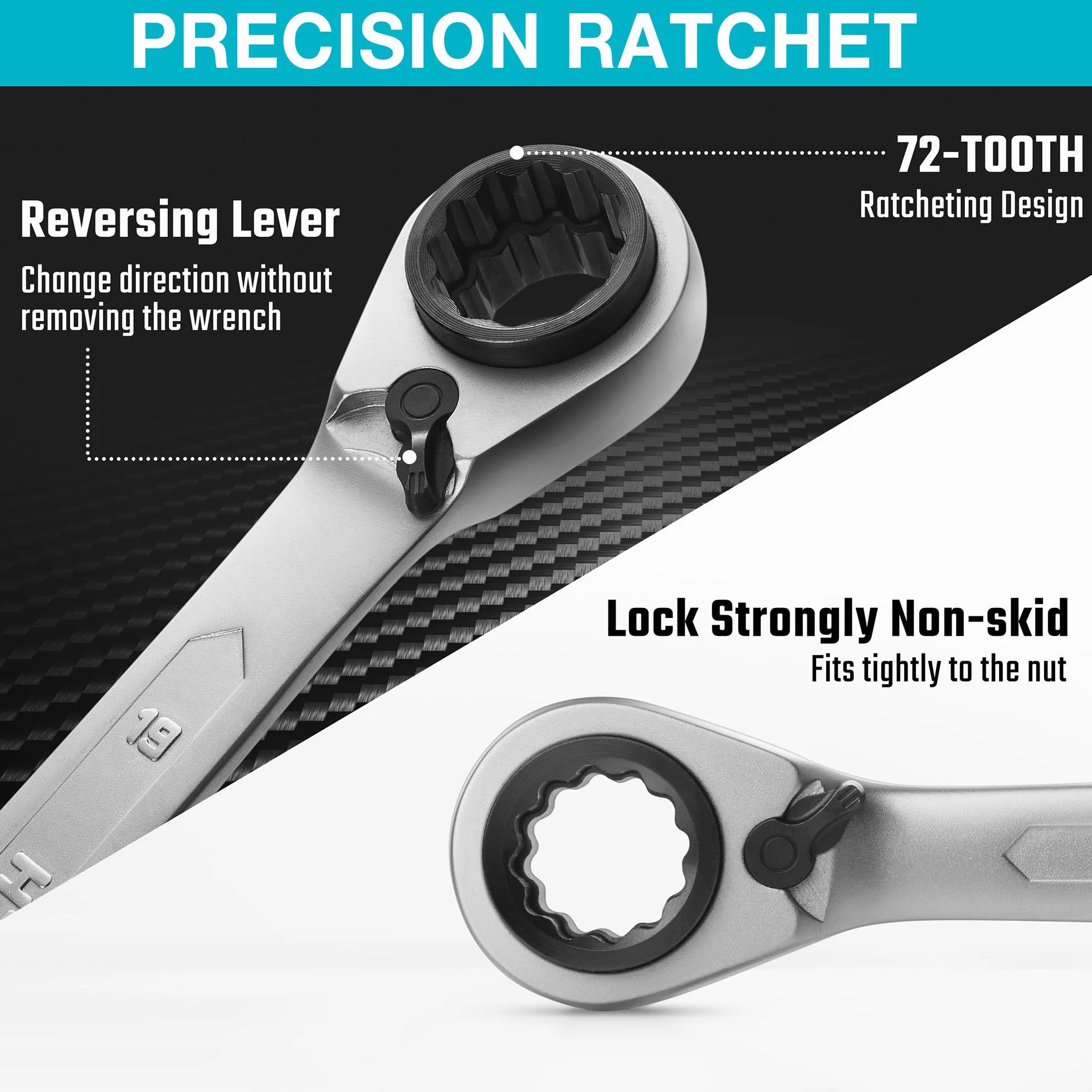 Duratech Set di 2 chiavi a cricchetto reversibile 4 in 1, 8 - 19 mm, chiavi a cricchetto a doppio anello metriche, 72 denti, in acciaio al cromo vanadio, con astuccio arrotolabile
