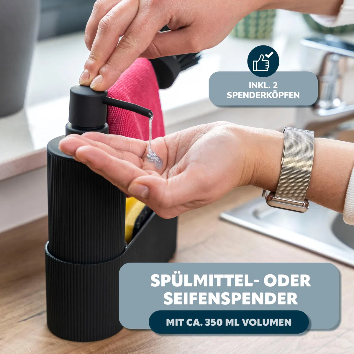 eluno Organizzatore per lavello con superficie soft-touch dal design a coste per cucina e bagno, incl. dispenser di sapone, spazzola per lavare i piatti, con testina di ricambio, nero