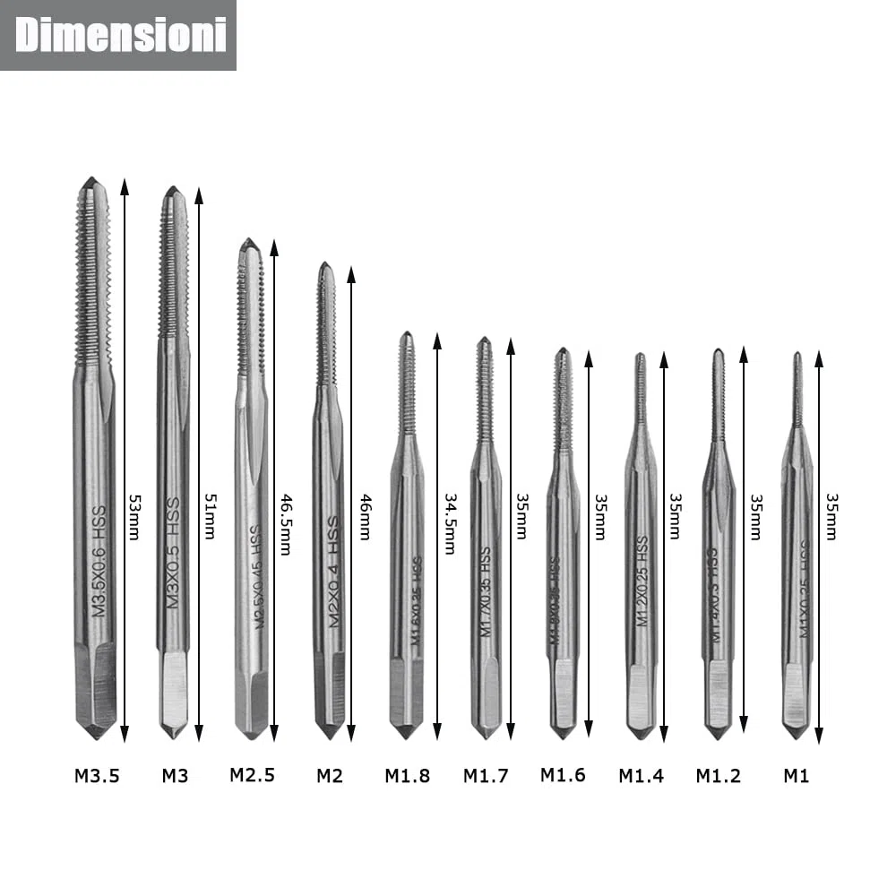 10 Pezzi Maschi per Filettare M1, M1.2, M1.4, M1.6, M1.7, M1.8, M2, M2.5, M3, M3.5, Maschi a Scanalature Diritte per Macchine Utensili ad Alta Velocità in Acciaio Metrico