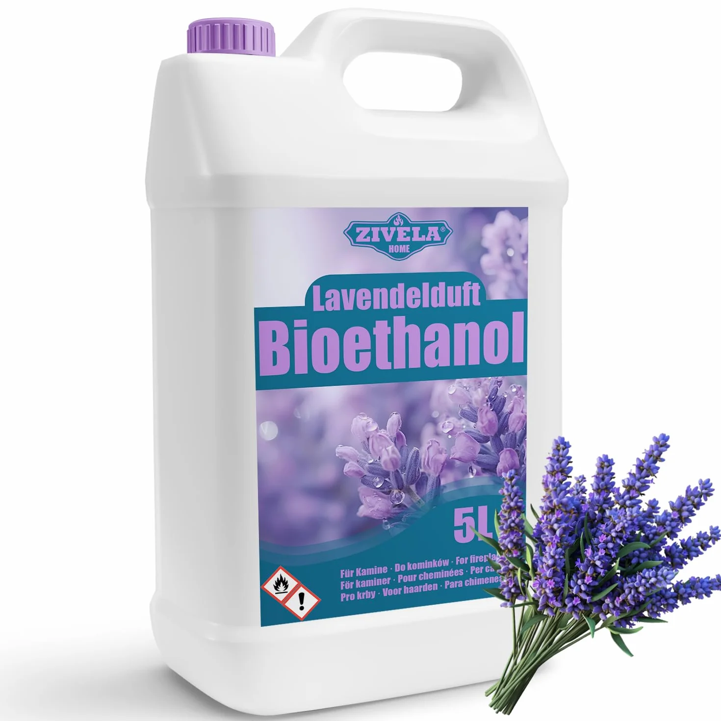 Bioetanolo 96,6% 5 l, profumo di lavanda di alcool biologico 96,6% 5 l, bioetanolo per camino, caminetto, camino a bioetanolo, profumo di lavanda, combustione pulita, senza fumo, fiamma vivida e