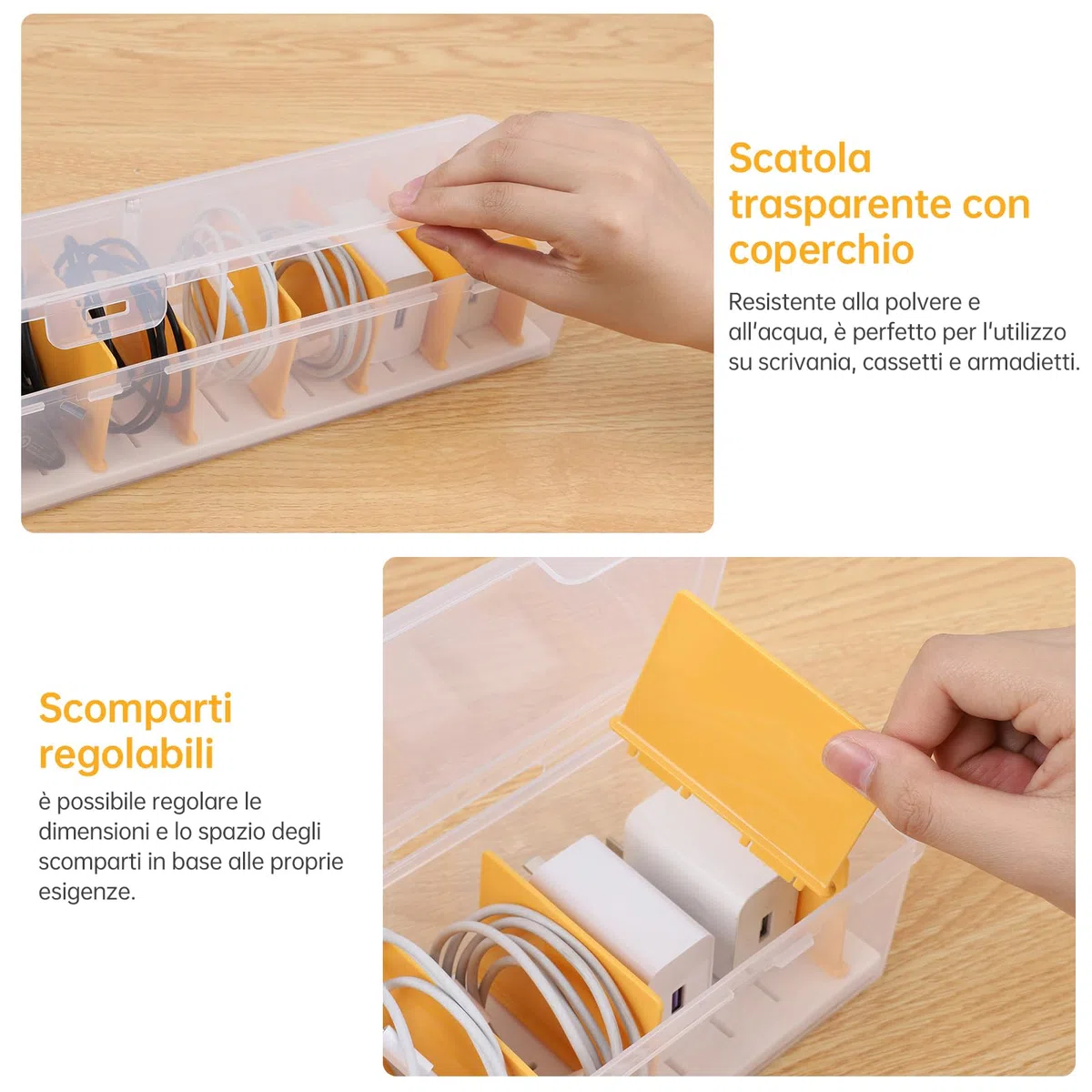 PAVSTINE Scatola Porta Cavi, 2 Pezzi Organizer Cavi Plastica Trasparente, Organizzatore Sono Presenti 7 Divisori Rimovibili, Personalizzabile Organizer