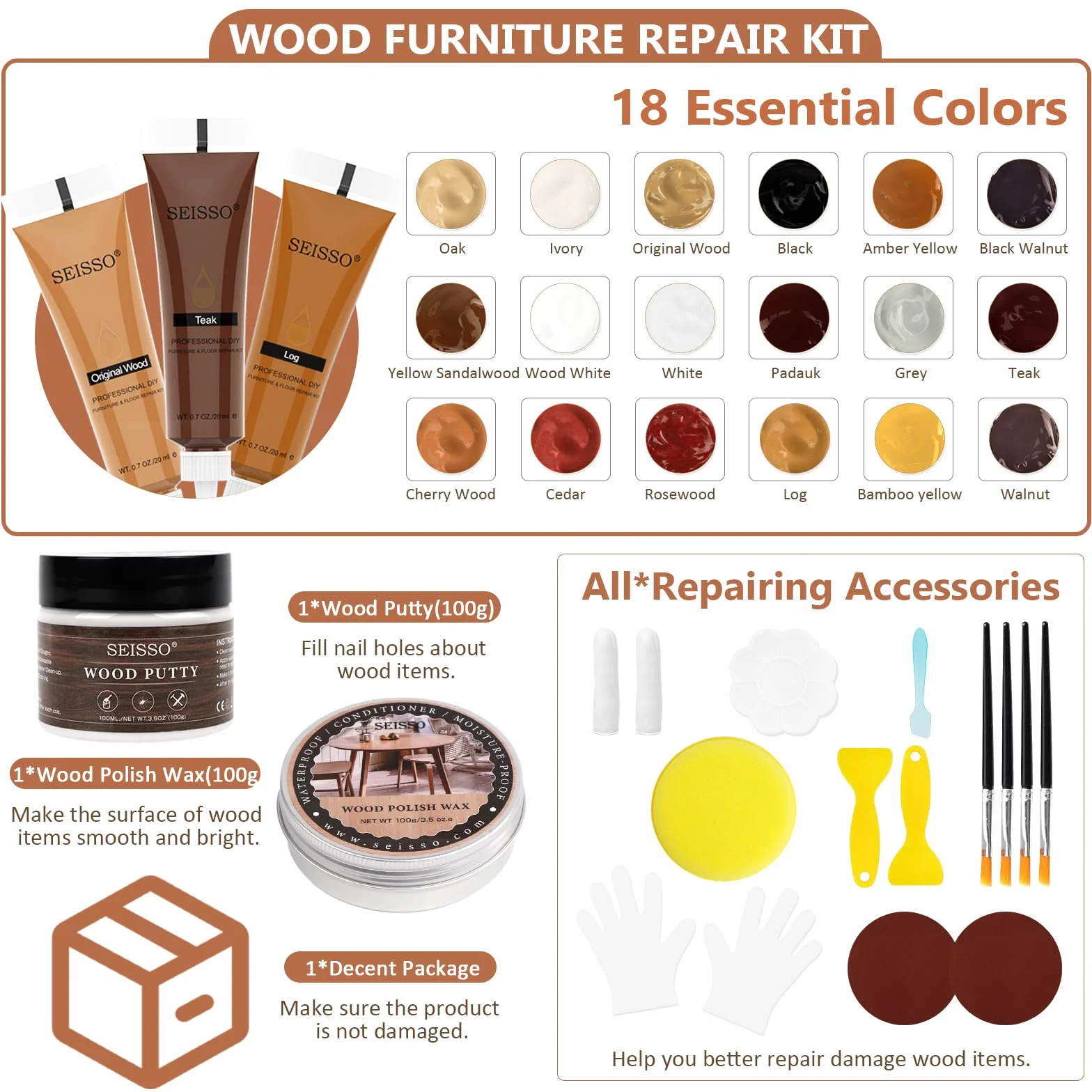 SEISSO Kit Riparazione Legno Stucco per Legno, 18 colori Set di Riparazione per Parquet in Laminato di Legno Duro, Ripristino di Graffi, Crepe, Fori, Graffi, Parquet, Mobili
